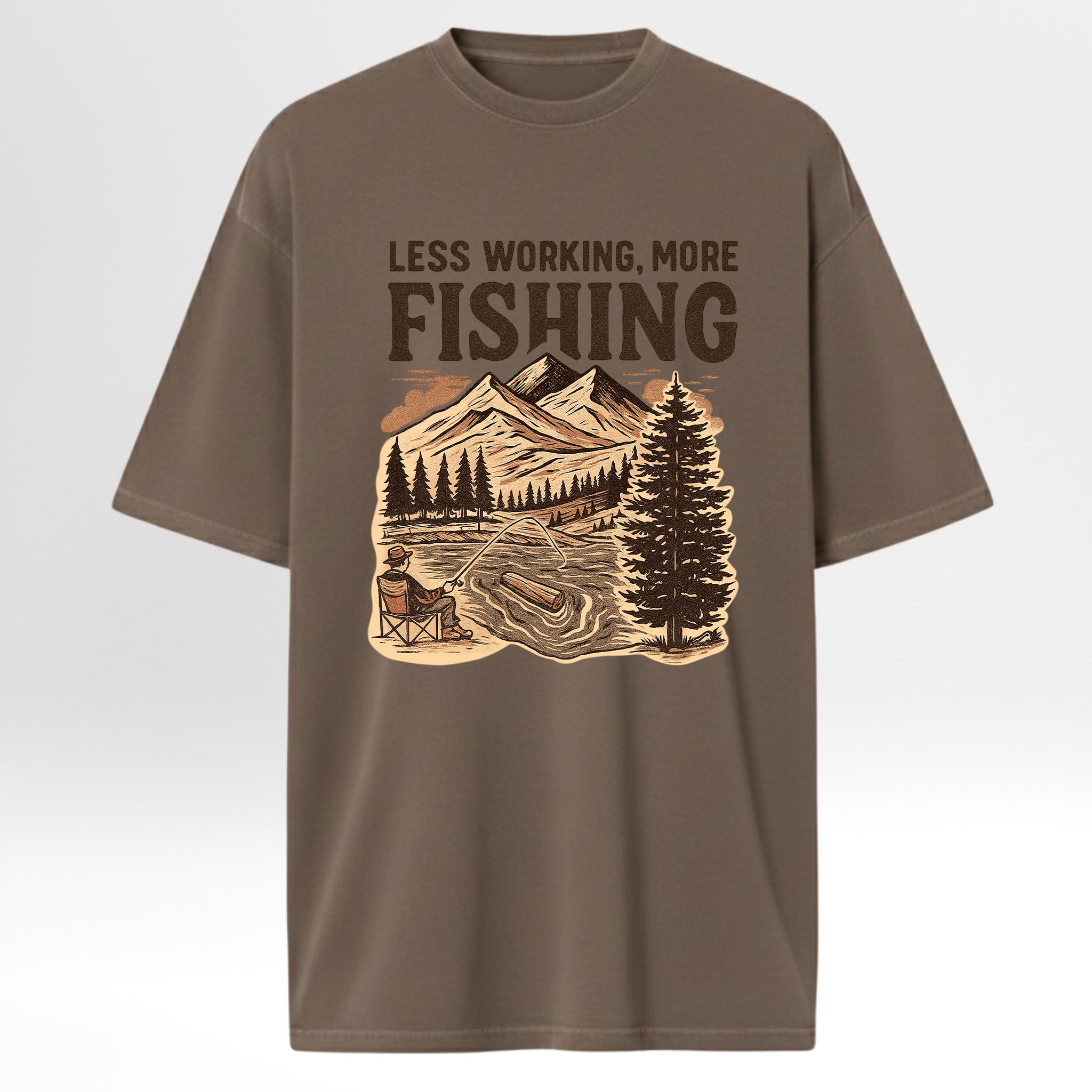 Brown fishing graphic t-shirt with 'Less Working, More Fishing' graphic and mountain lake design 
