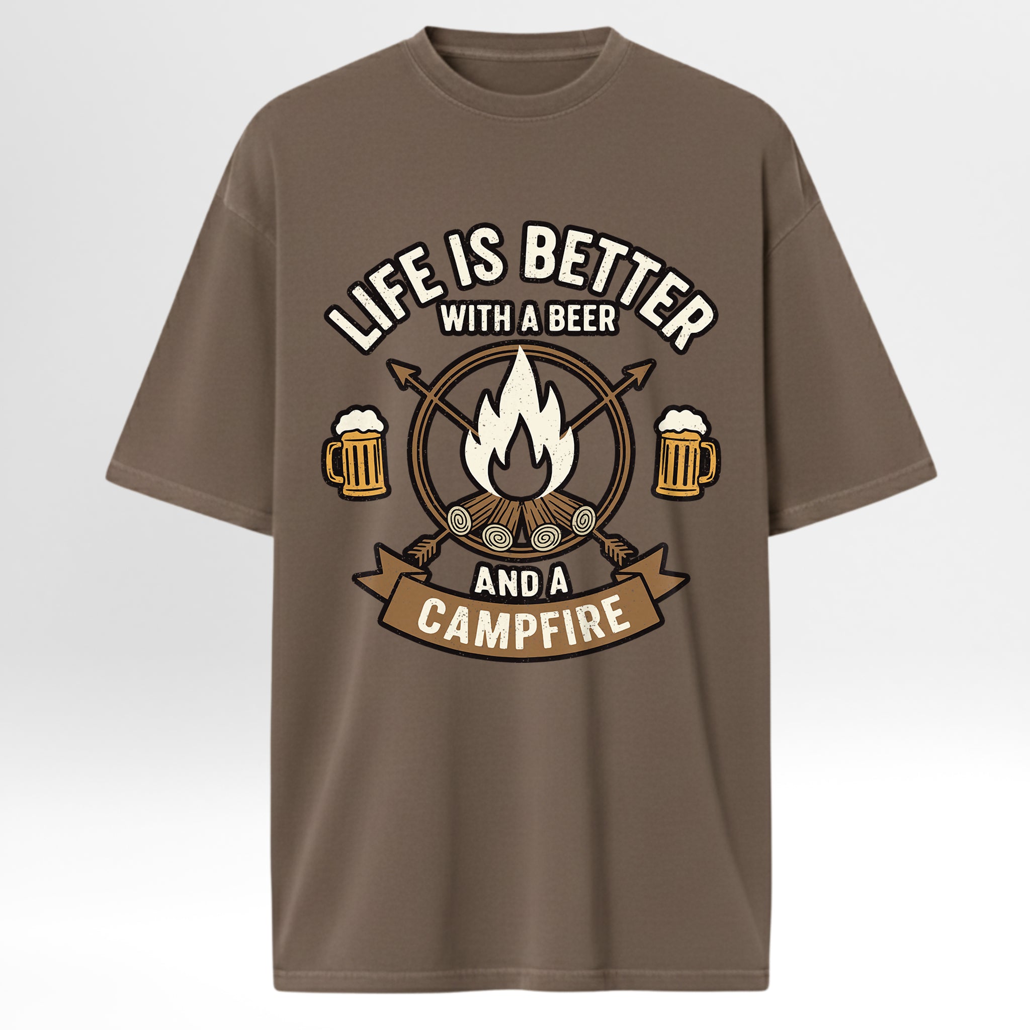 Brown camp & trail t-shirt with 'Life is better with a beer and a campfire' graphic design.