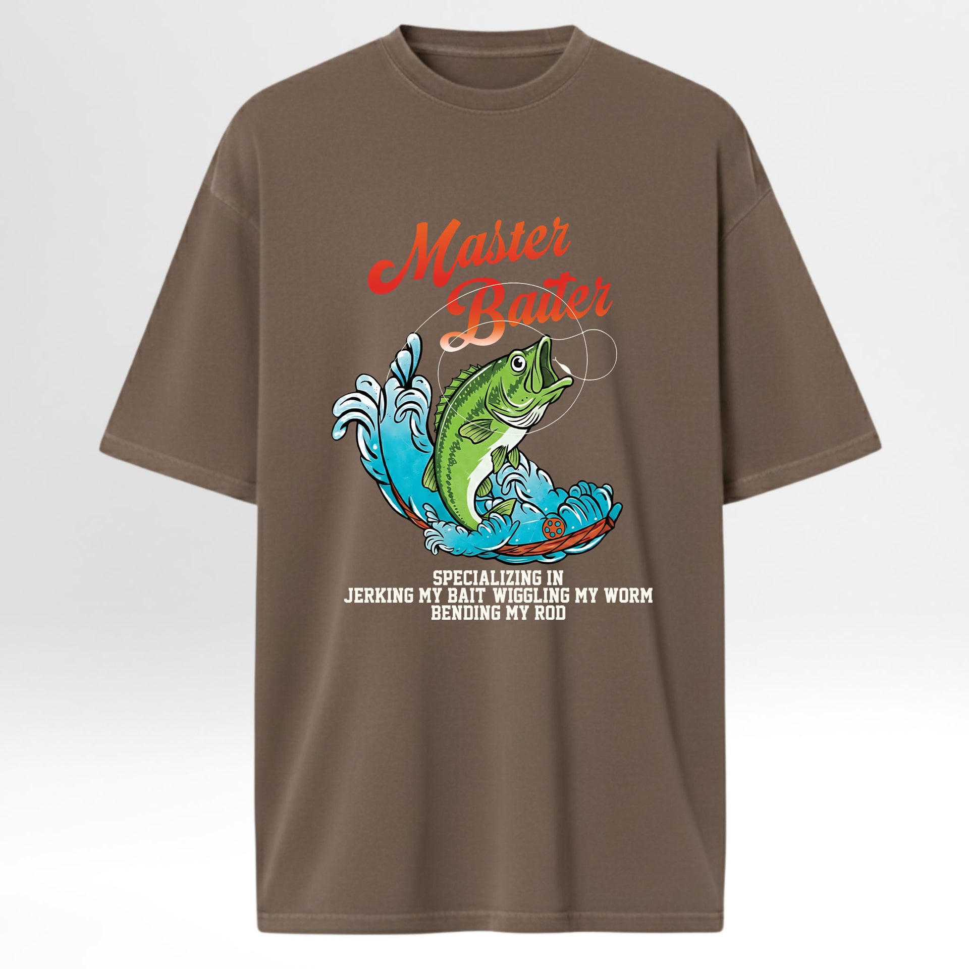 Brown fishing t-shirt with fishing graphic and text.