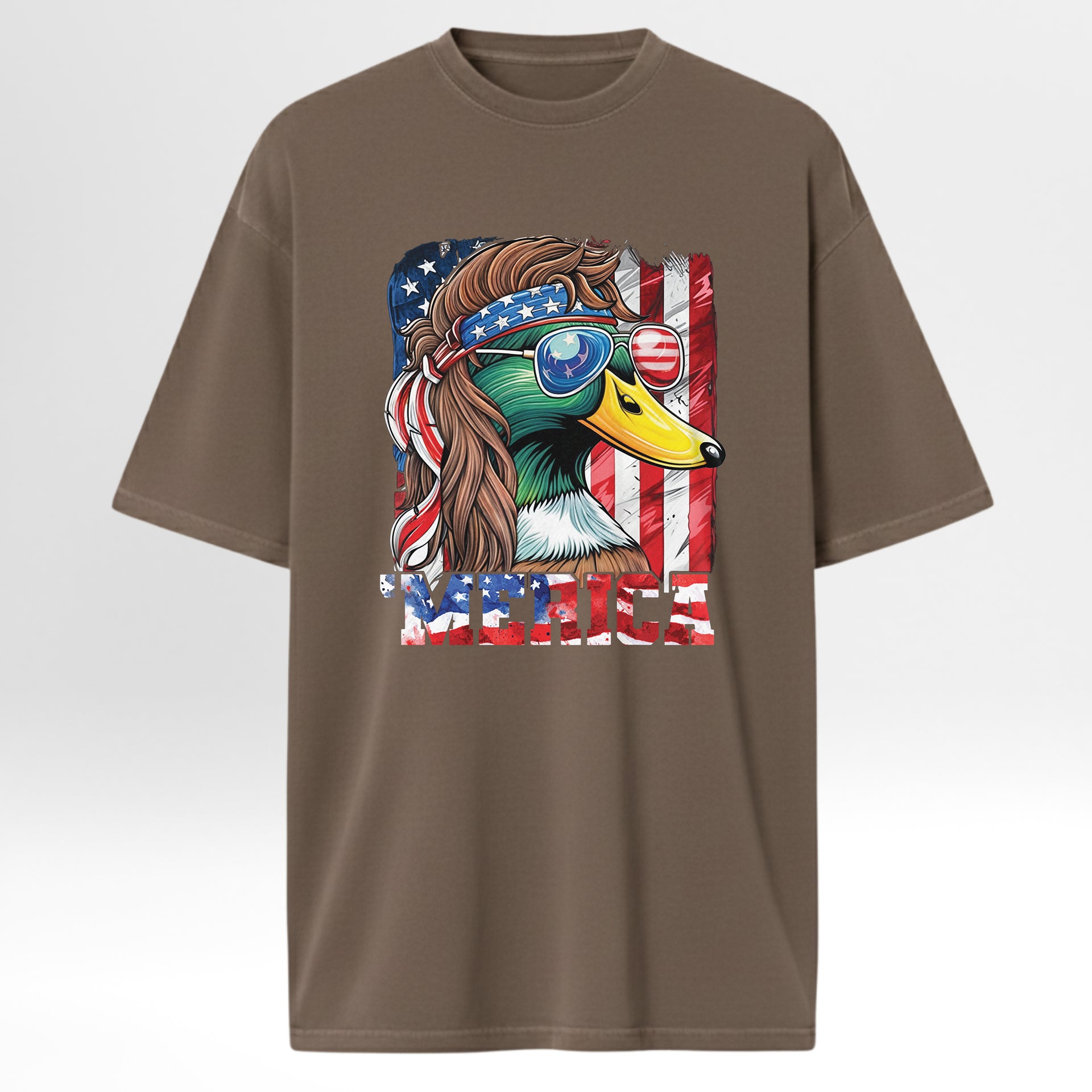 Brown hunting graphic t-shirt with a graphic of a duck wearing sunglasses and an American flag headband.