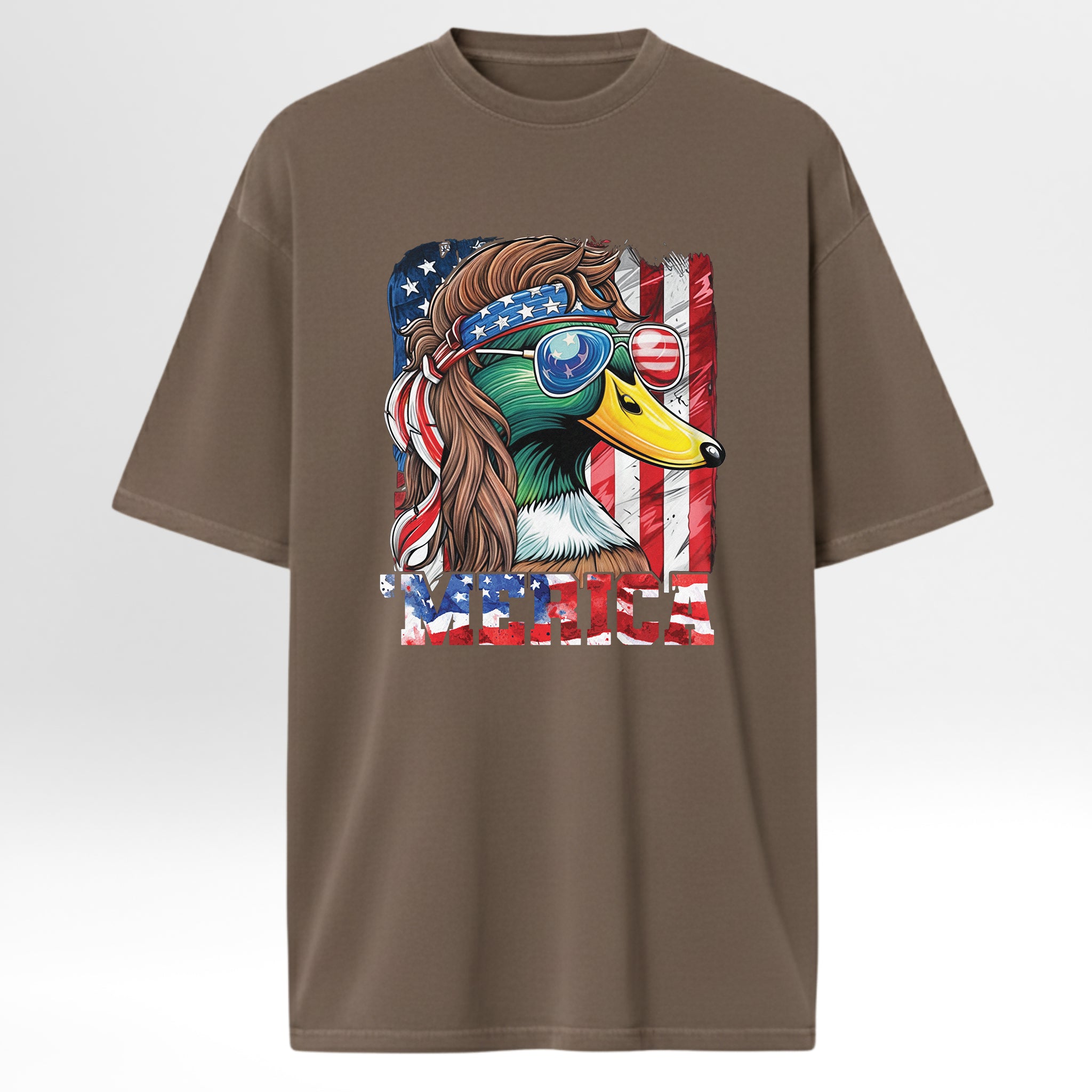 Brown hunting graphic t-shirt with a graphic of a duck wearing sunglasses and an American flag headband.