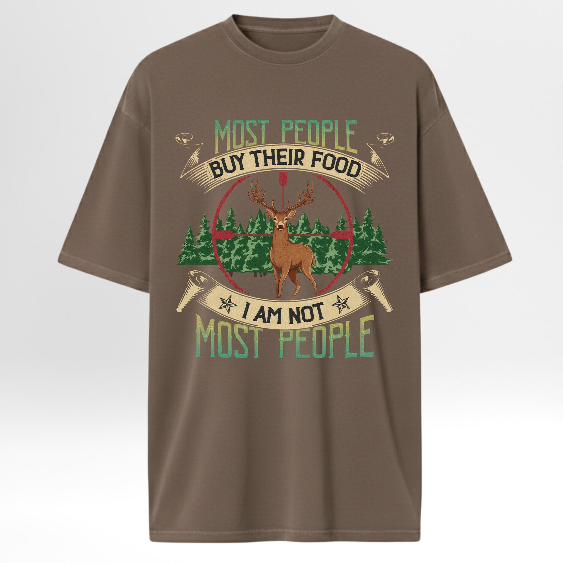 Brown hunting t-shirt with a graphic of a deer and text.