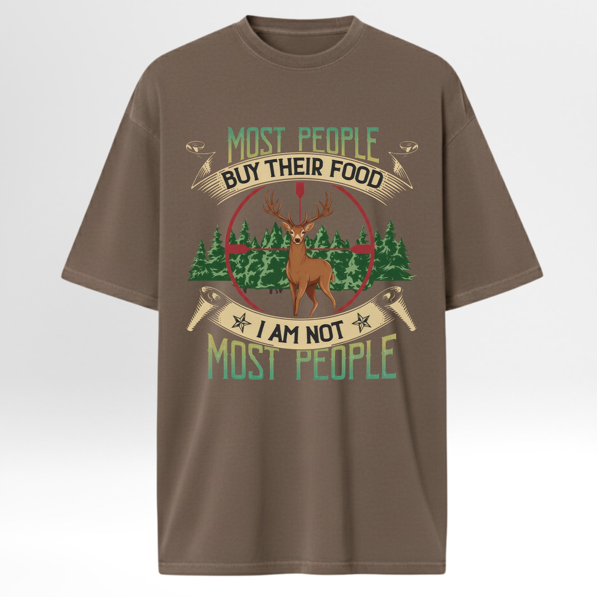 Brown hunting t-shirt with a graphic of a deer and text.