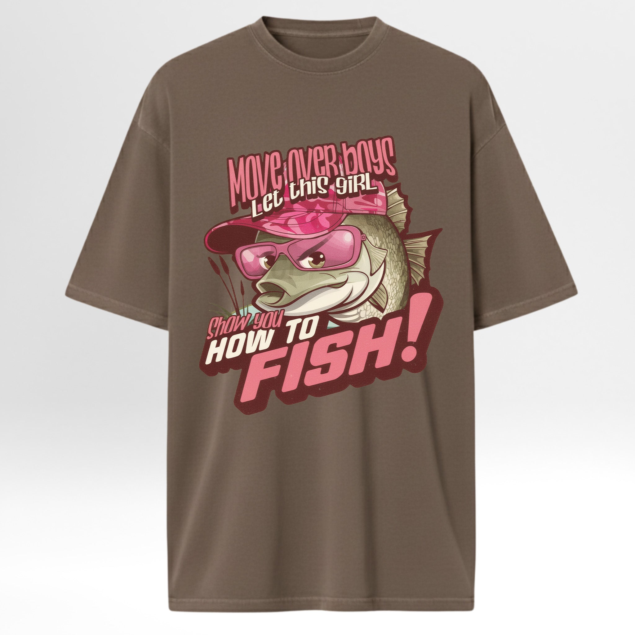 Brown fishing t-shirt with a fish graphic and text 'Move Over Boys Let This Girl Show You How To Fish'.