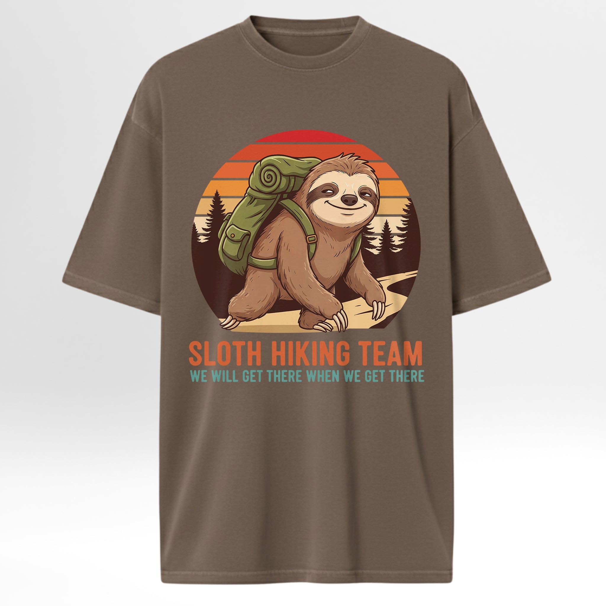 Brown camp & trail t-shirt with a sloth graphic and 'Sloth Hiking Team' text.