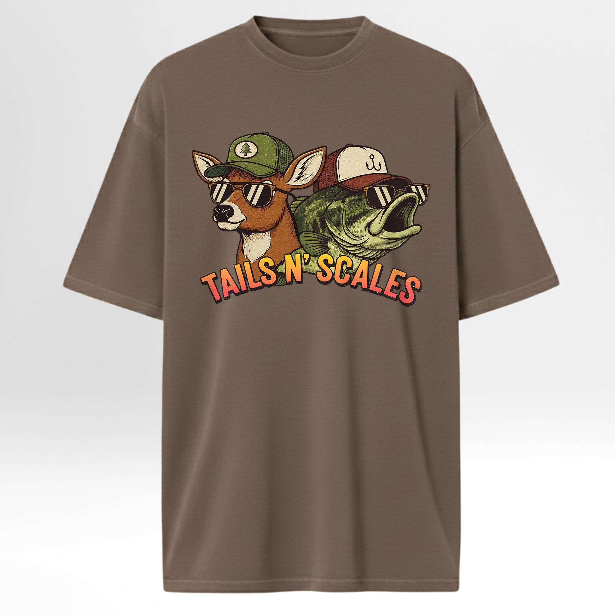 Brown hunting and fishing t-shirt with a graphic of a deer and fish wearing hats and sunglasses, with 'Tails N Scales' text.