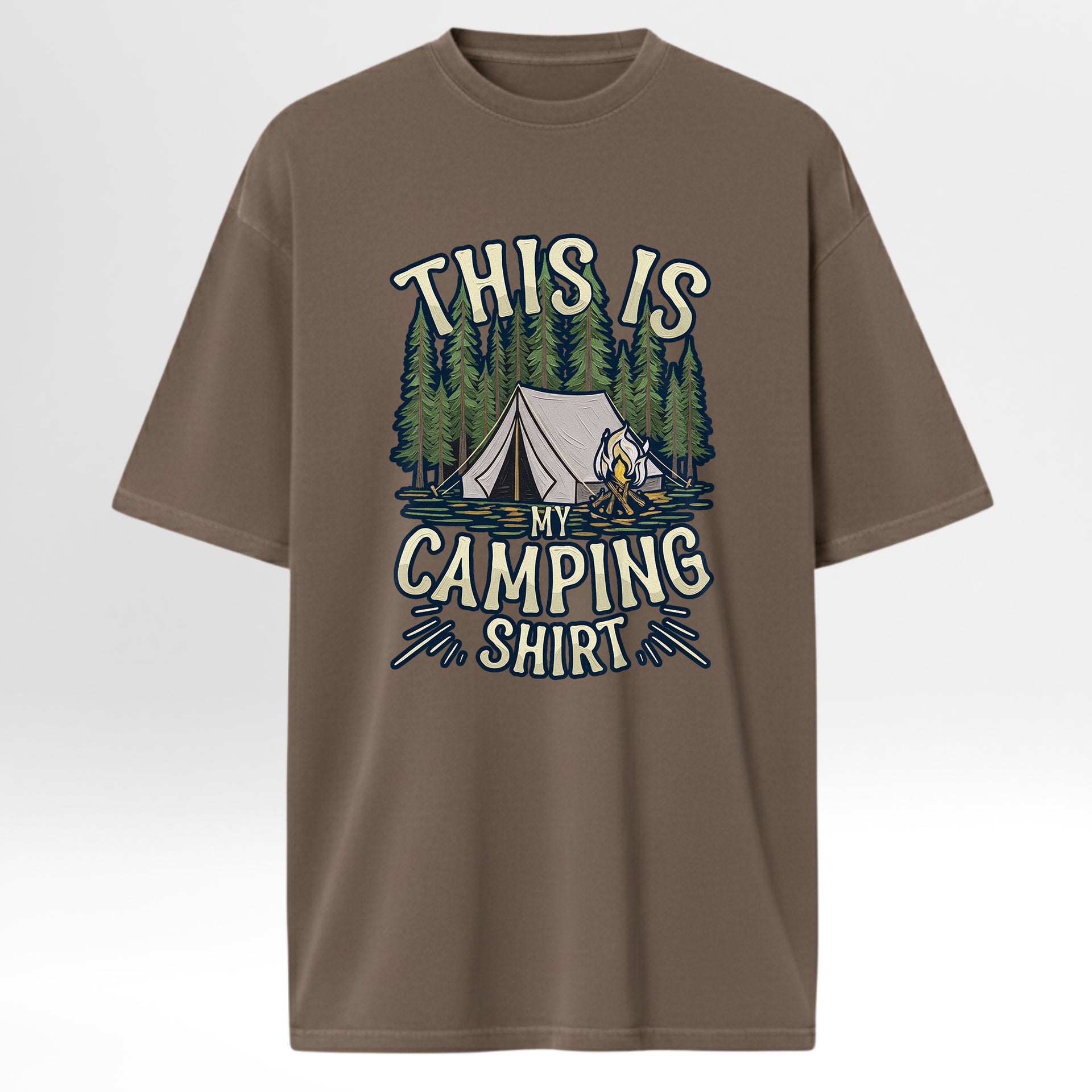 Brown camping t-shirt with camping graphic and text 'This Is My Camping Shirt'.