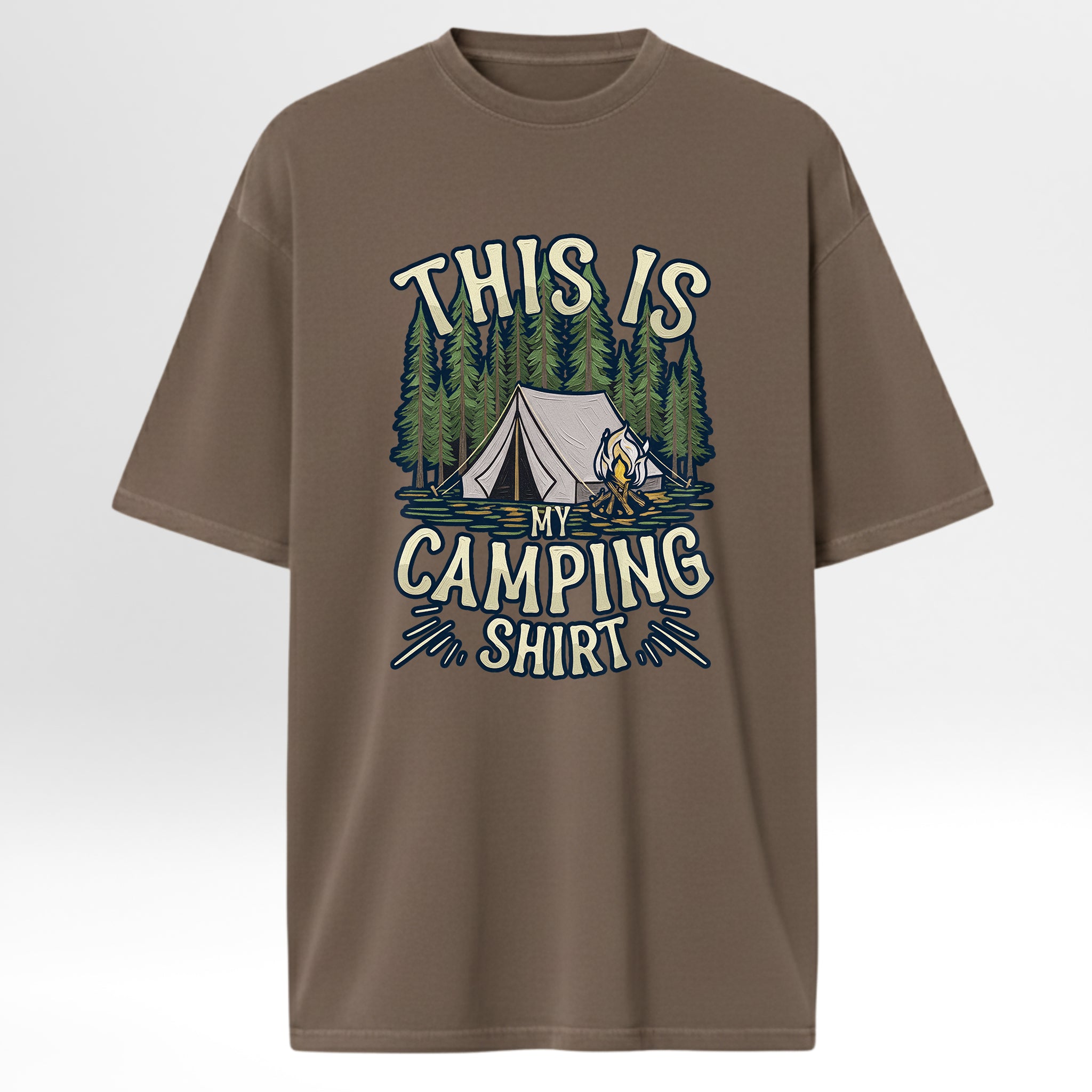Brown camping t-shirt with camping graphic and text 'This Is My Camping Shirt'.