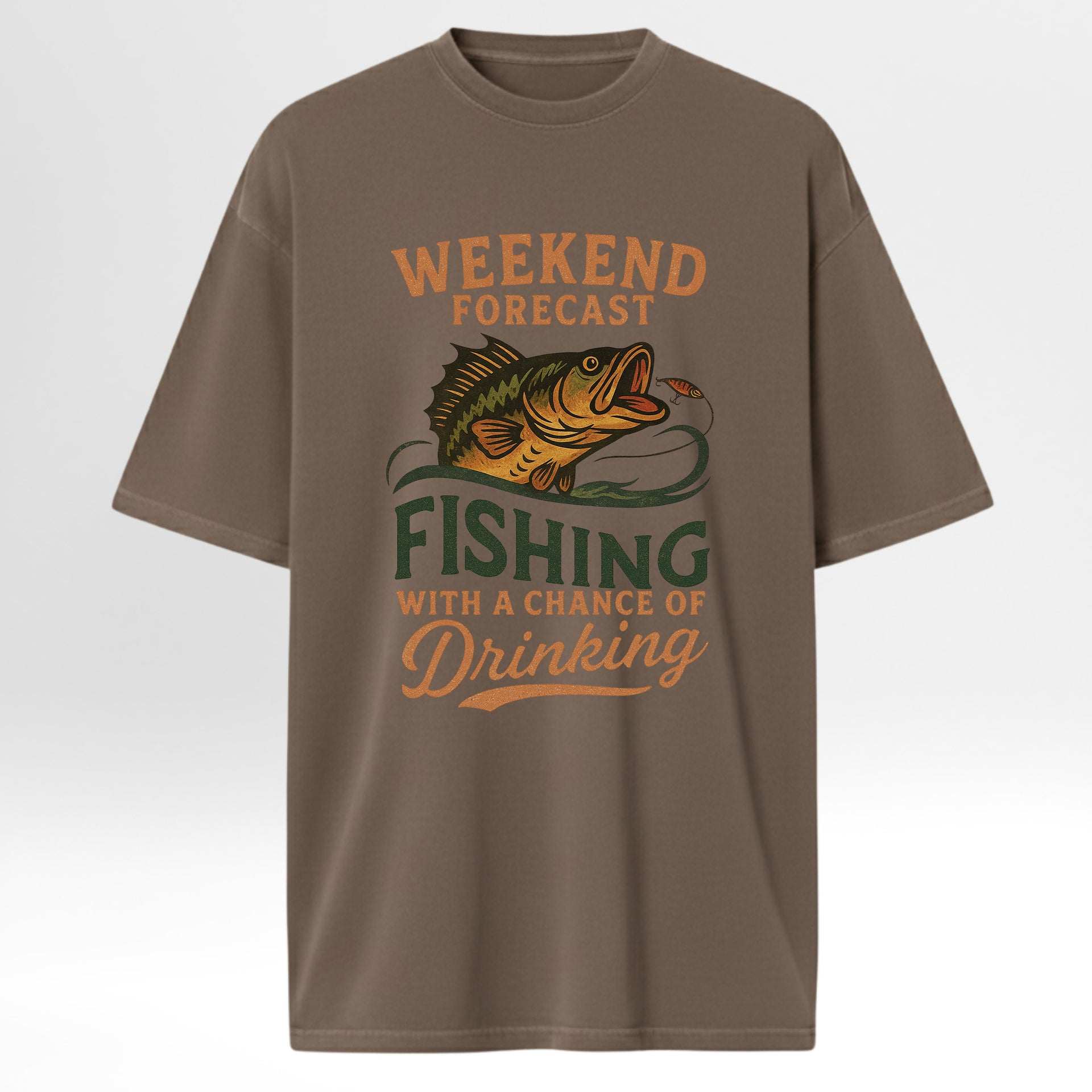 Brown fishing t-shirt with fishing graphic and text 'Weekend Forecast Fishing With A Chance Of Drinking'.