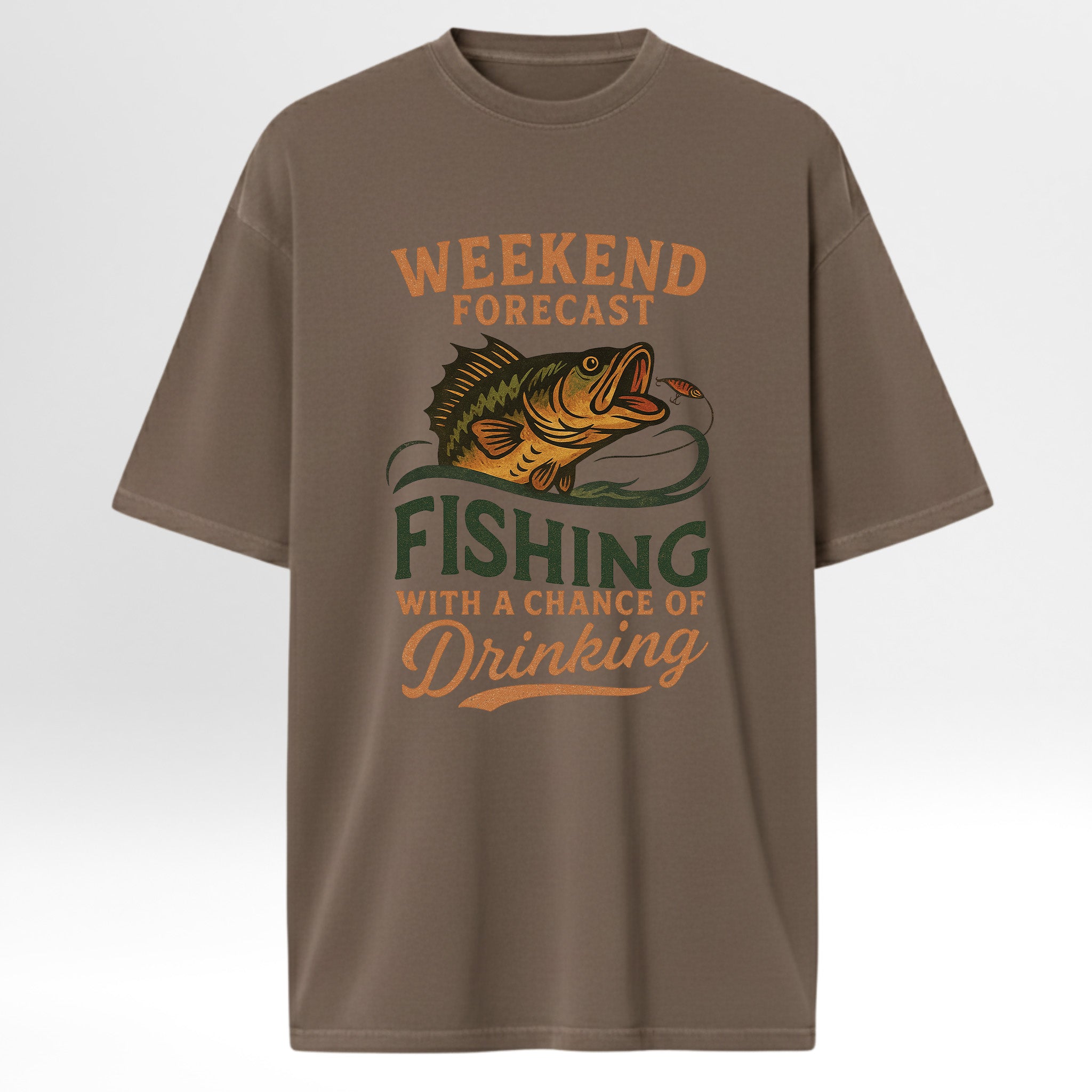 Brown fishing t-shirt with fishing graphic and text 'Weekend Forecast Fishing With A Chance Of Drinking'.