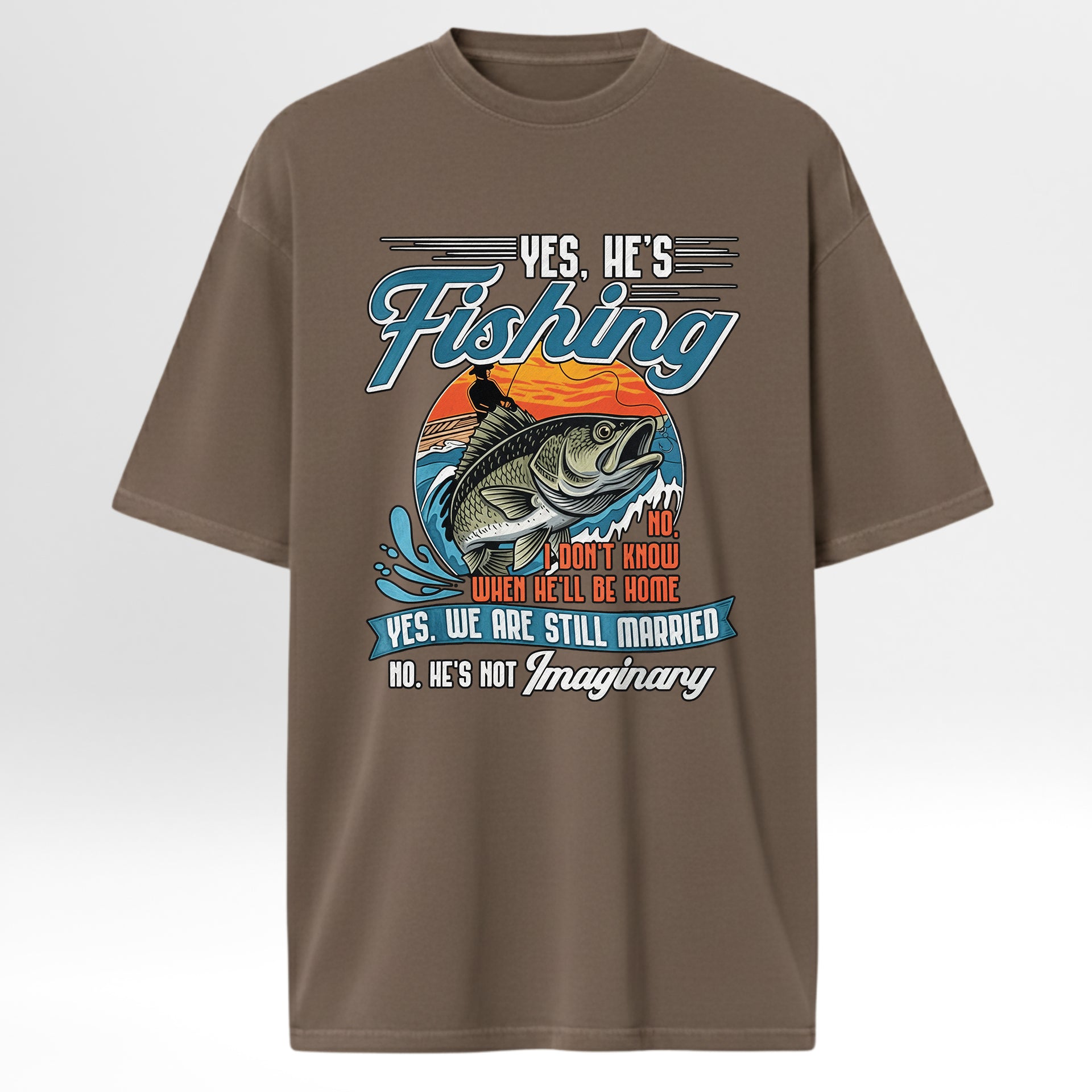 Brown fishing t-shirt with fishing graphic and text.
