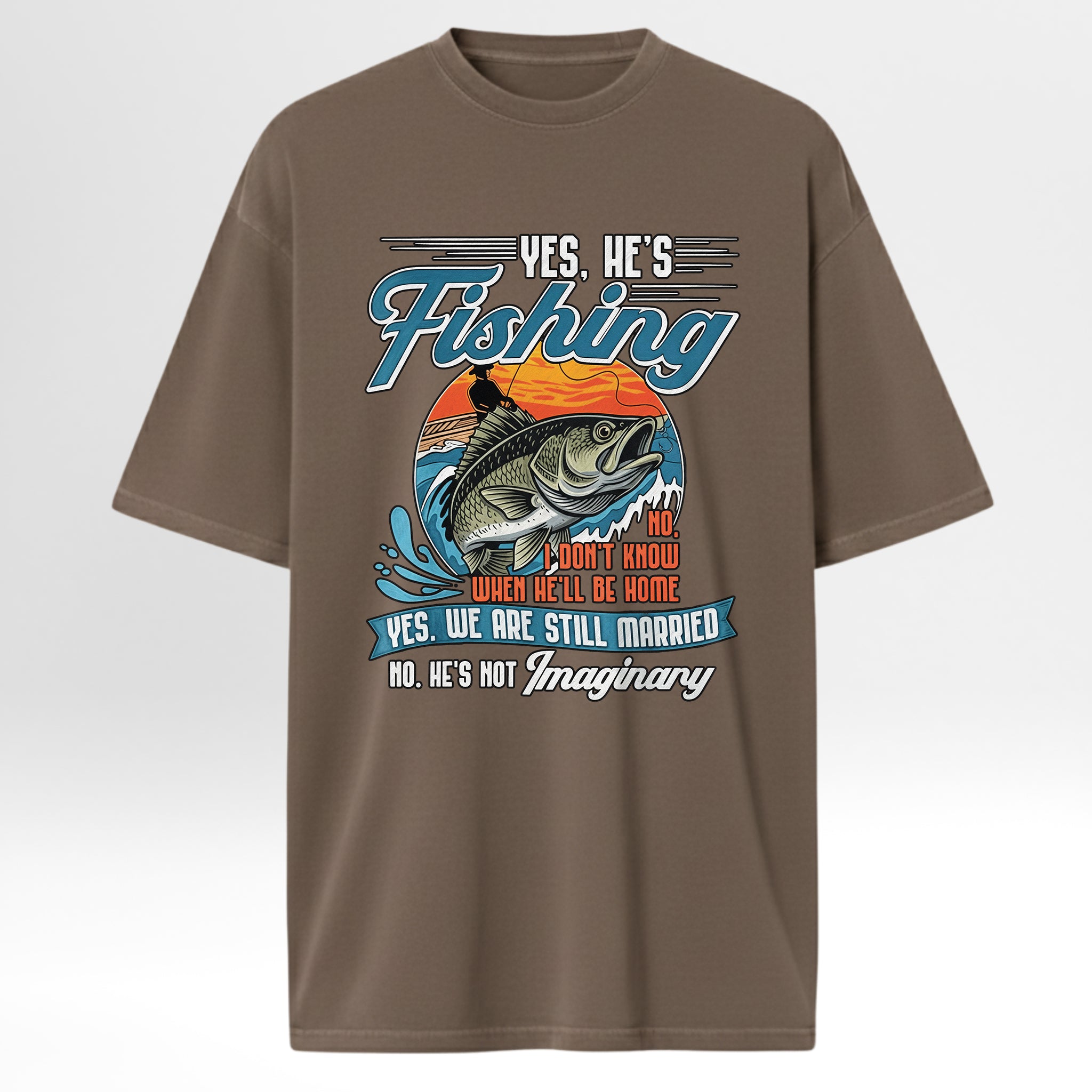 Brown fishing t-shirt with fishing graphic and text.