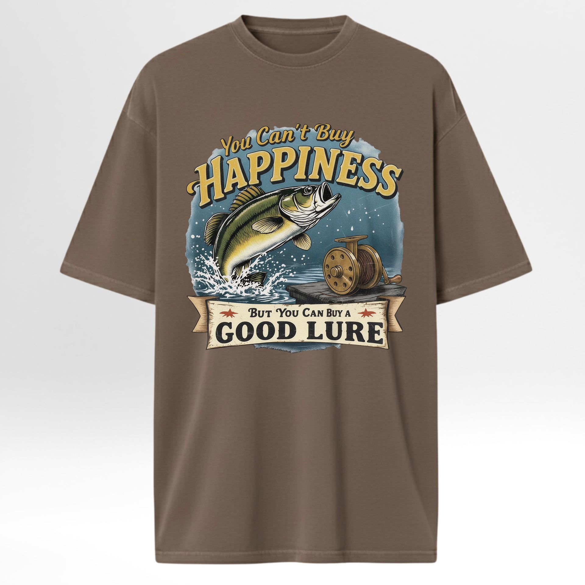 Brown fishing t-shirt with fishing graphic and text 'You Can't Buy Happiness But You Can Buy A Good Lure'.
