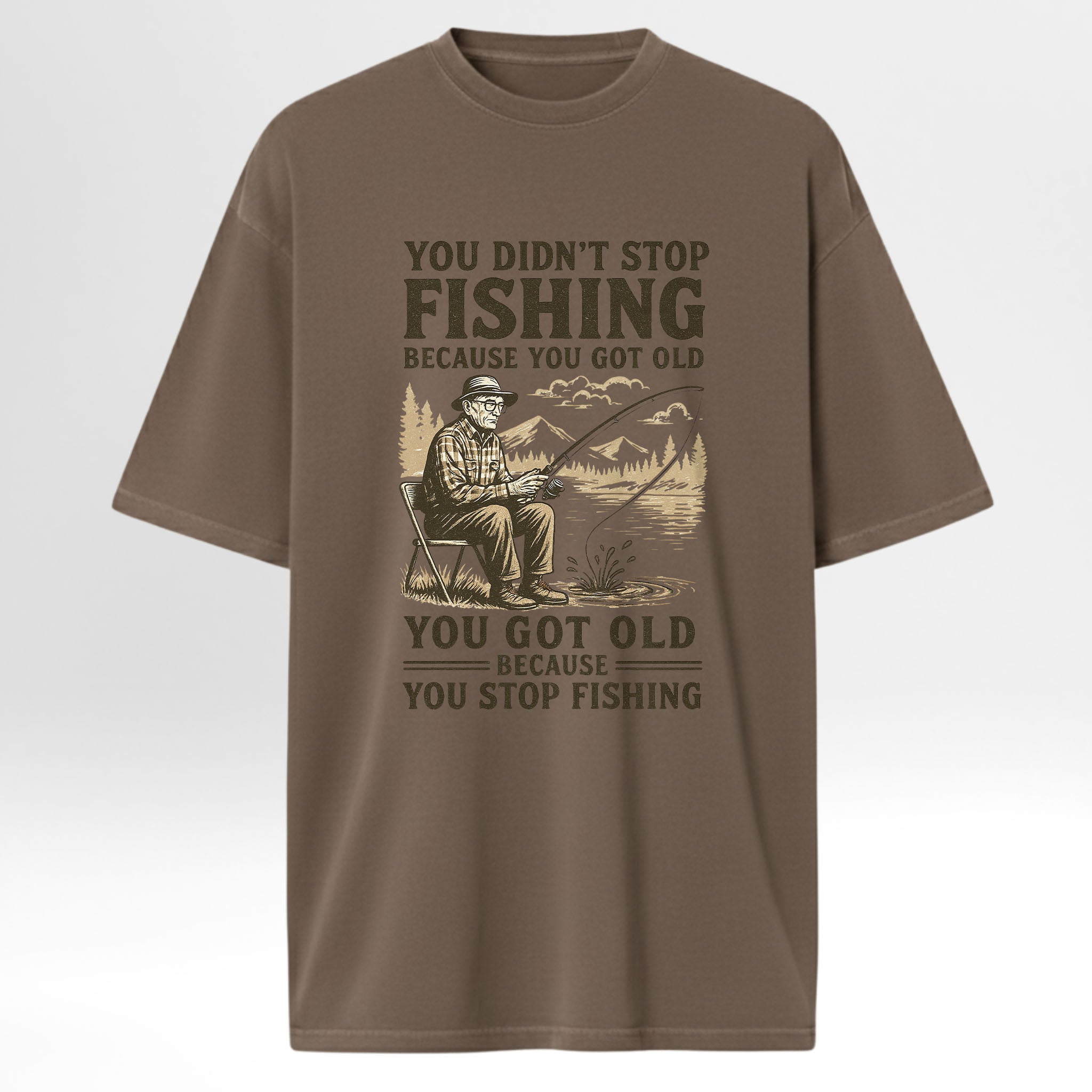 Brown fishing t-shirt with fishing graphic and text.