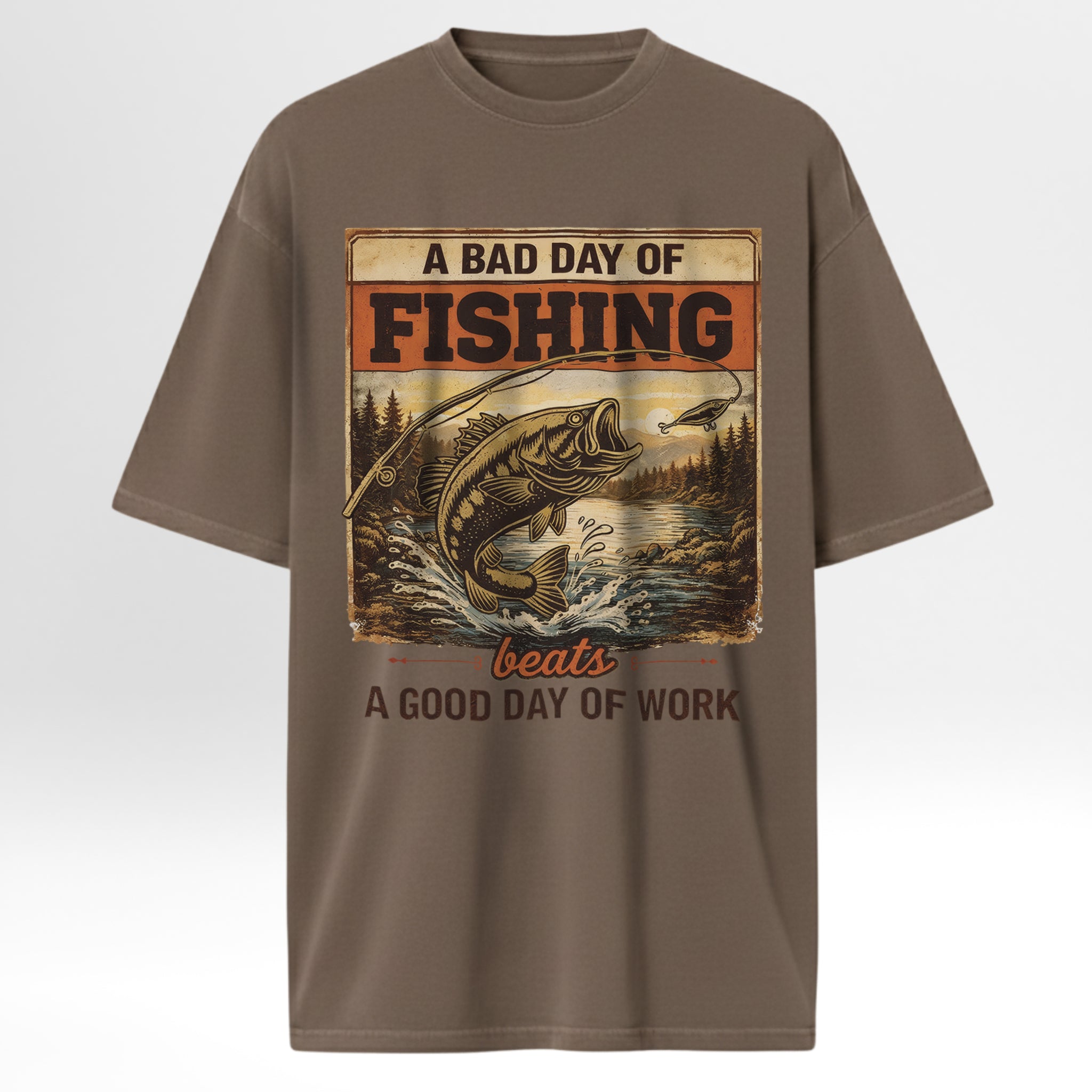 Brown fishing t-shirt with fishing graphic and text 'A Bad Day Of Fishing Beats A Good Day Of Work'.