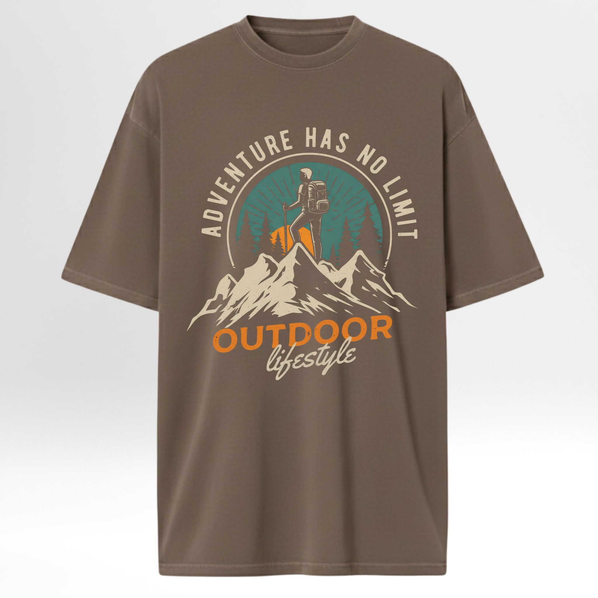 Brown trail graphic t-shirt with mountain and hiking graphic and text on a white background