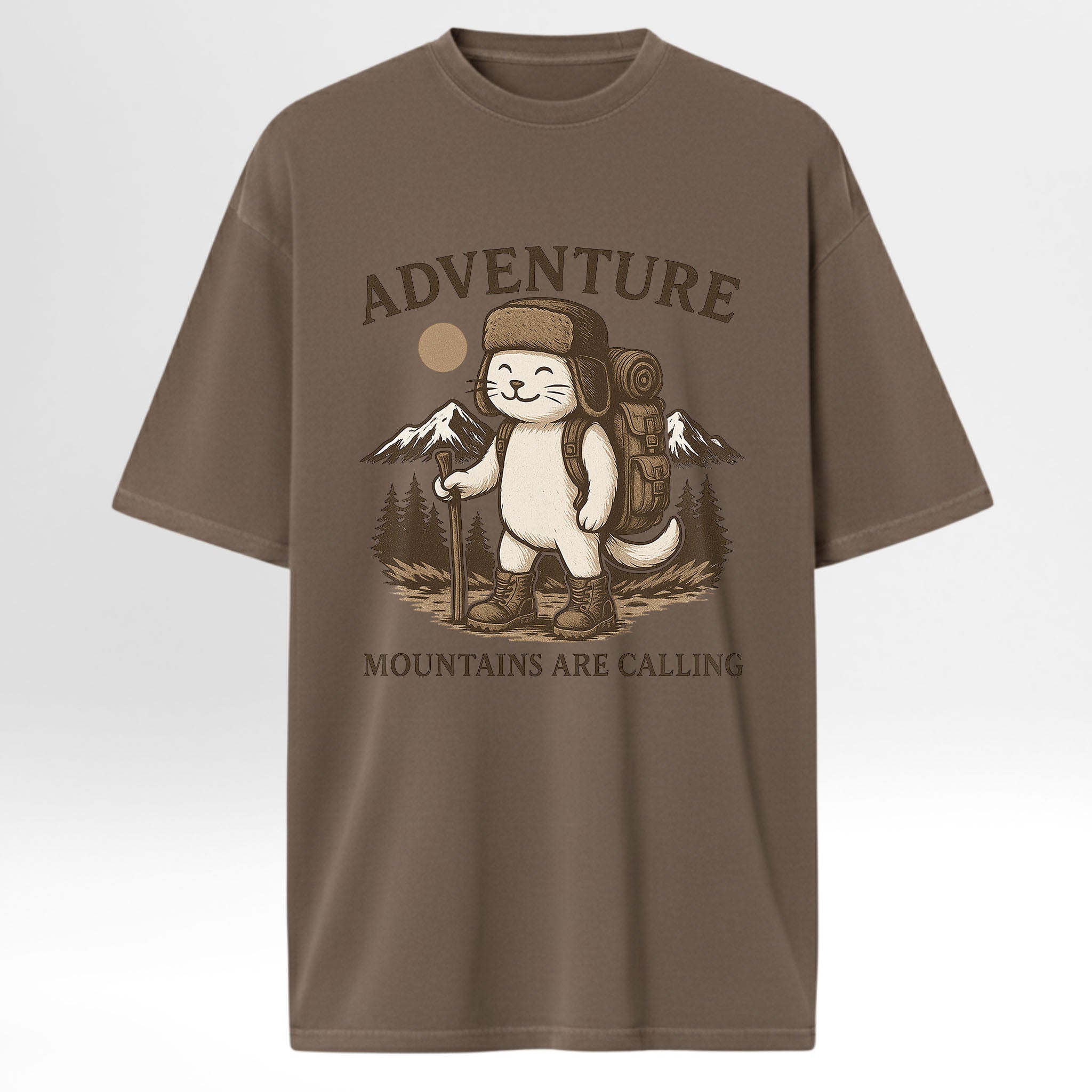 Brown trail graphic t-shirt with a graphic of a bear hiking and text 'Adventure Mountains are Calling' on a white background