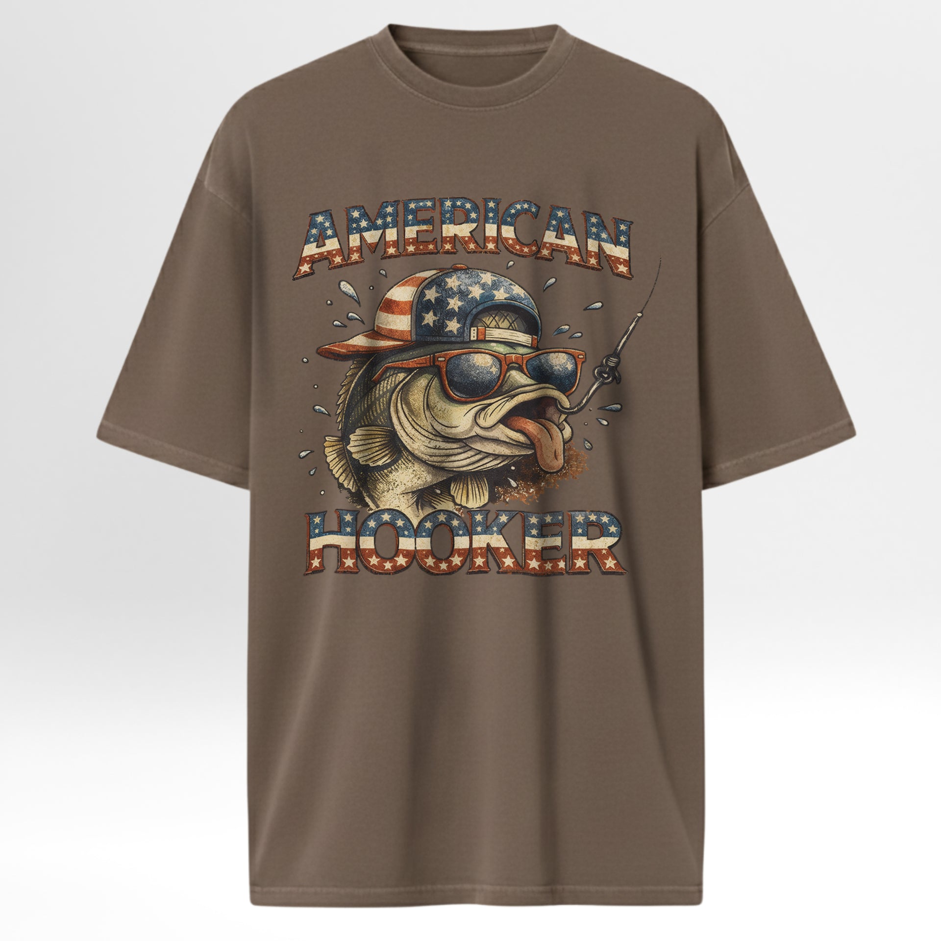 Brown fishing t-shirt with a graphic of a fish wearing sunglasses and an American flag hat, with 'American Hooker' text.