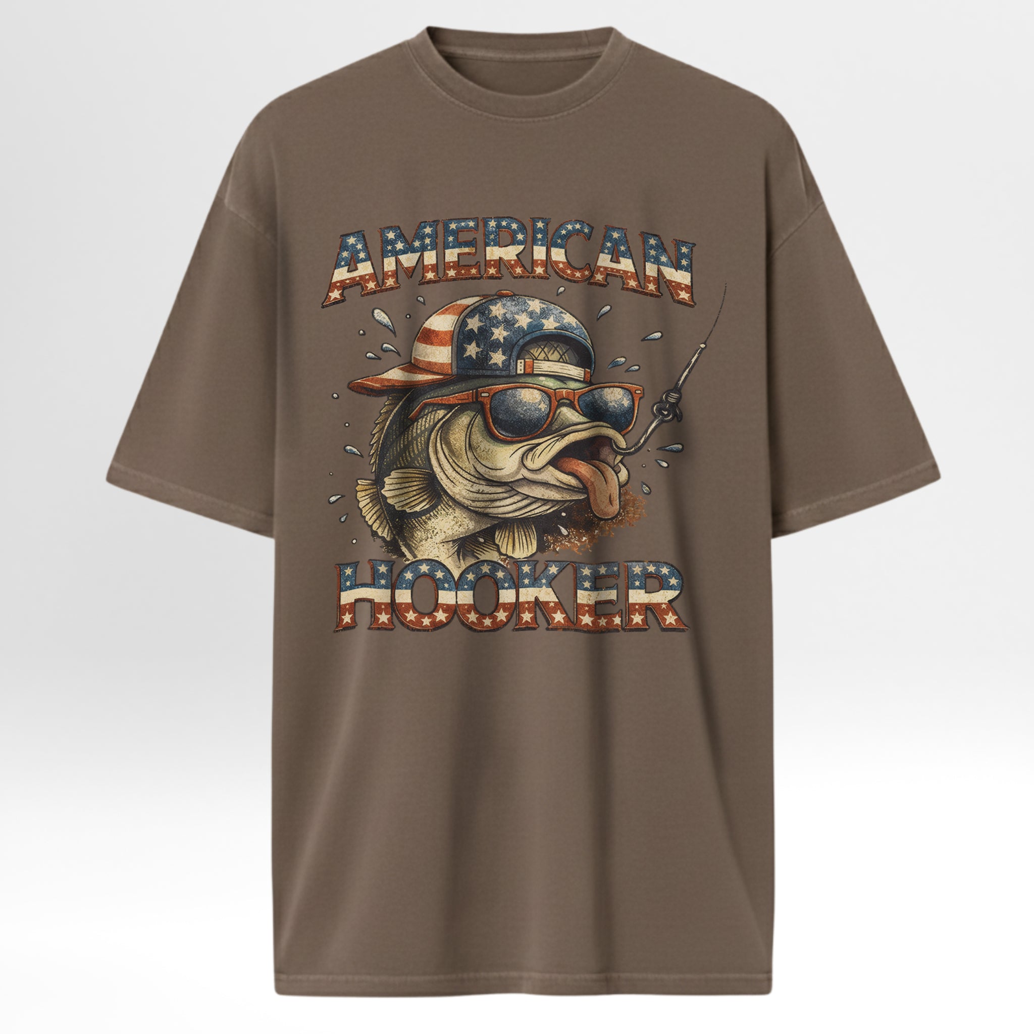 Brown fishing t-shirt with a graphic of a fish wearing sunglasses and an American flag hat, with 'American Hooker' text.