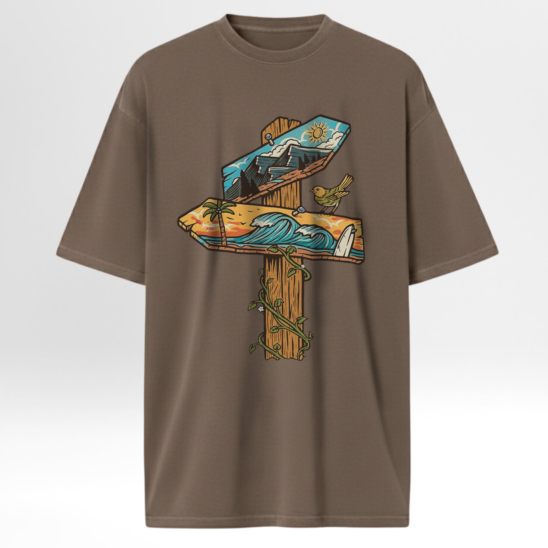 Green t-shirt with a wooden sign graphic featuring nature elements on a light gray background