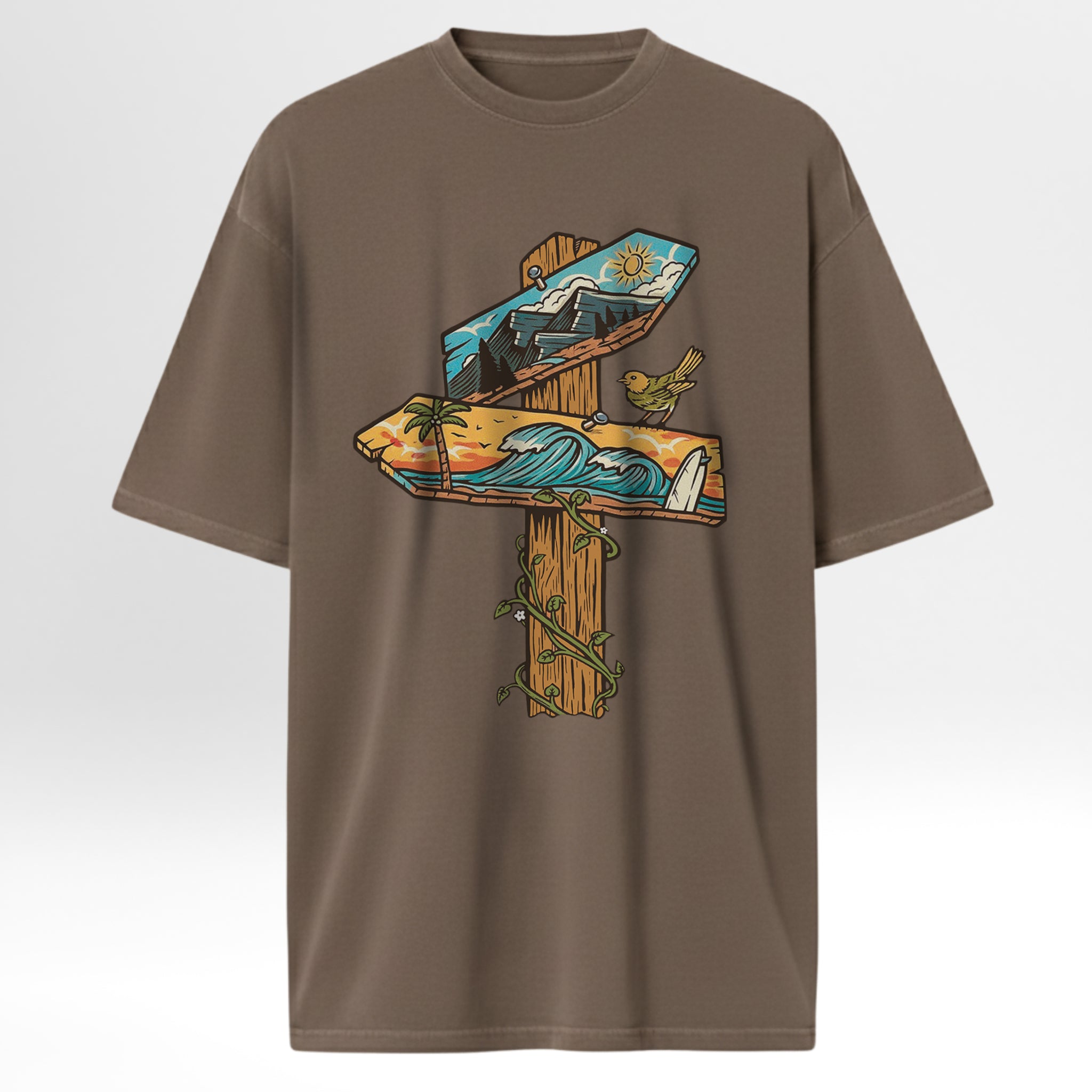 Green t-shirt with a wooden sign graphic featuring nature elements on a light gray background