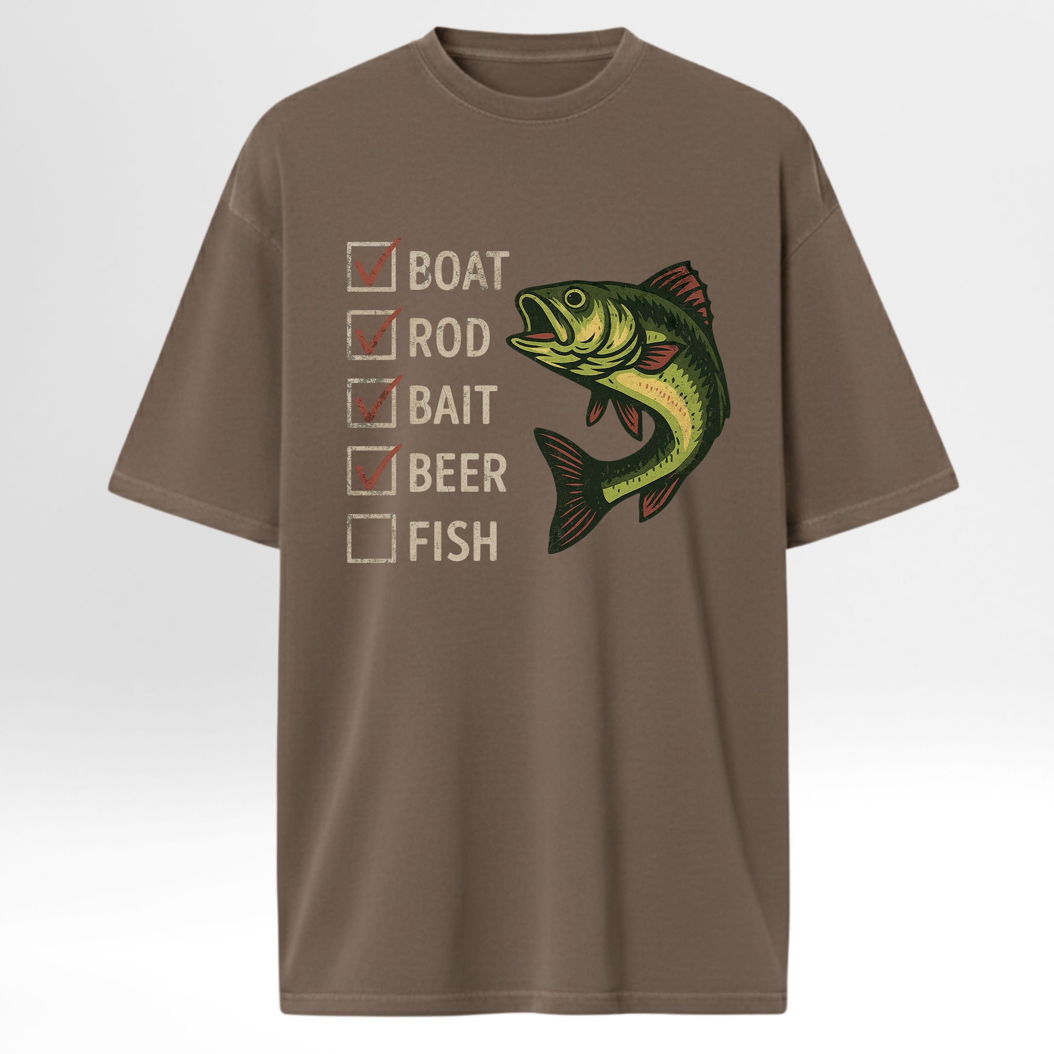 Brown fishing graphic t-shirt with fishing-themed graphic and text on a white background