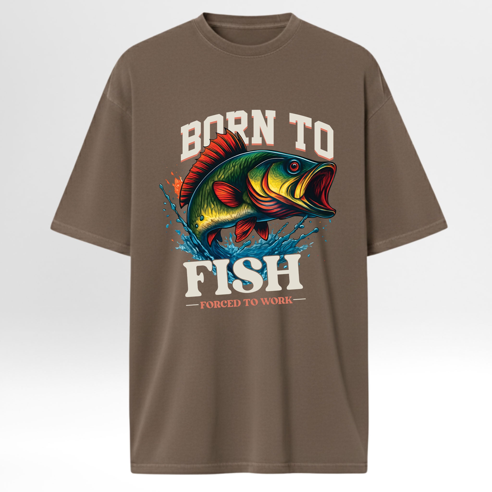 Brown fishing graphic t-shirt with a colorful fish graphic and text on a white background