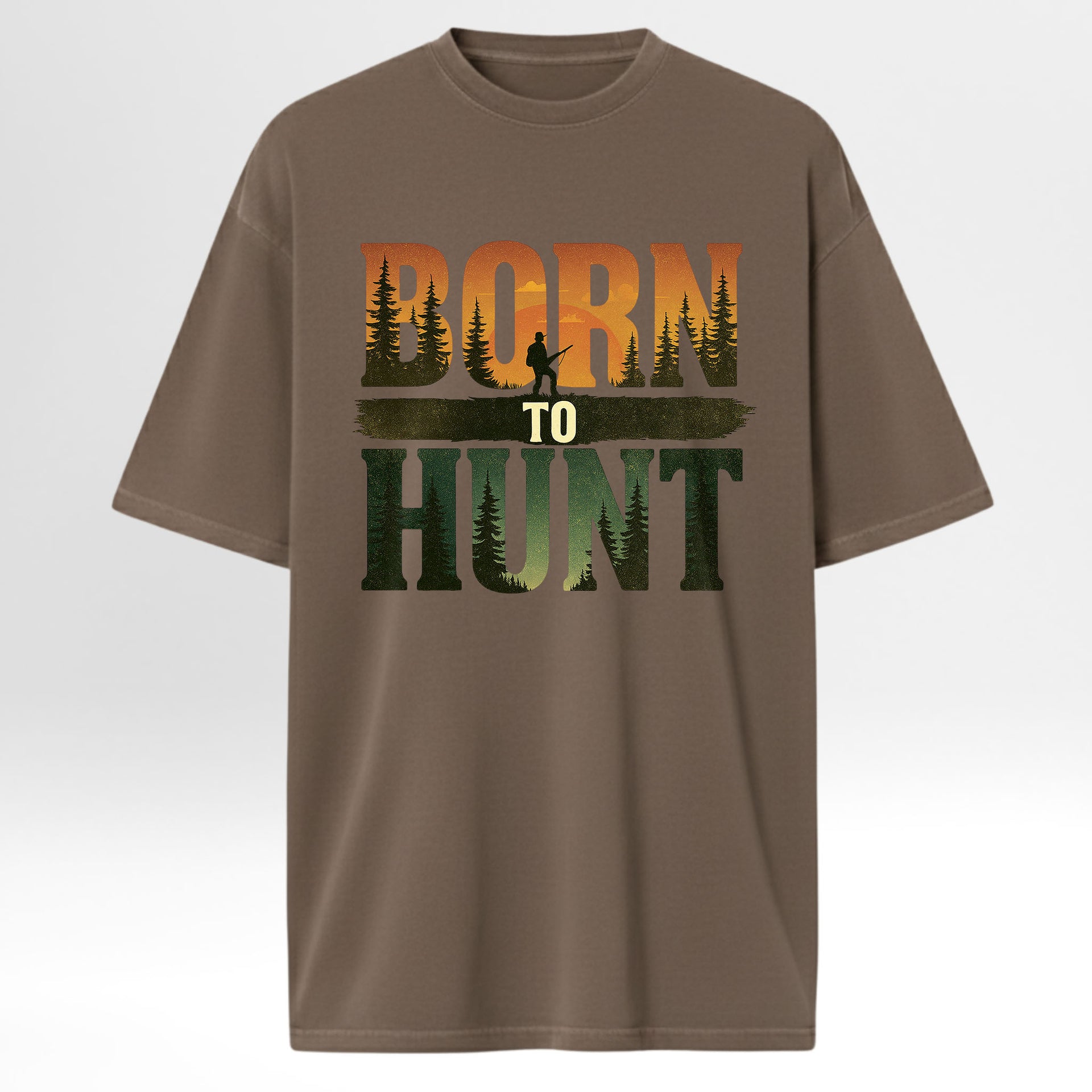 Brown hunting graphic t-shirt with 'Born to Hunt' graphic design on a white background
