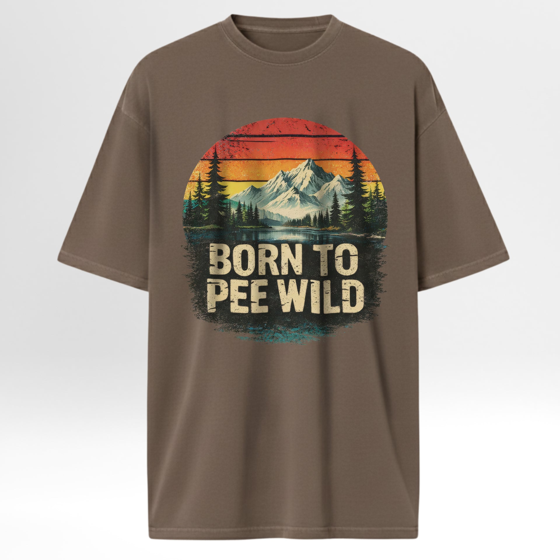 Brown t-shirt with 'Born to Pee Wild' graphic design.