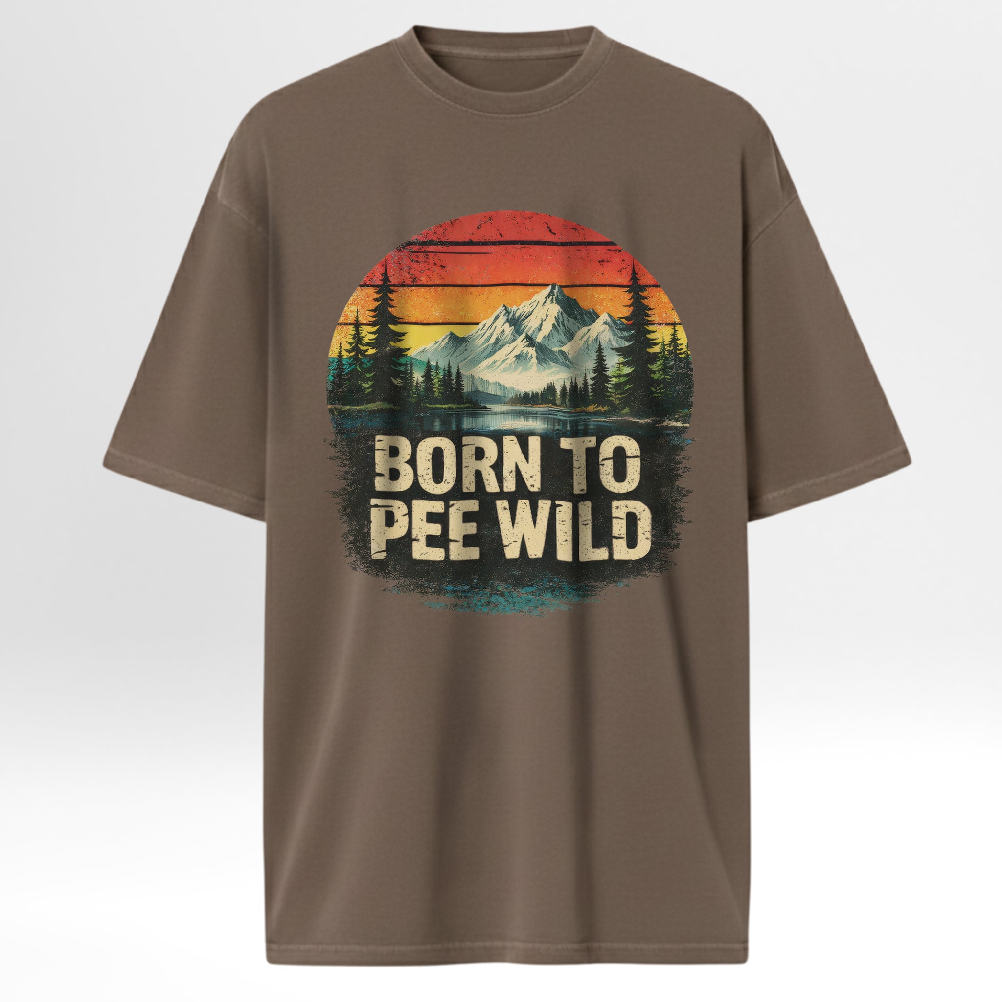 Brown t-shirt with 'Born to Pee Wild' graphic design.