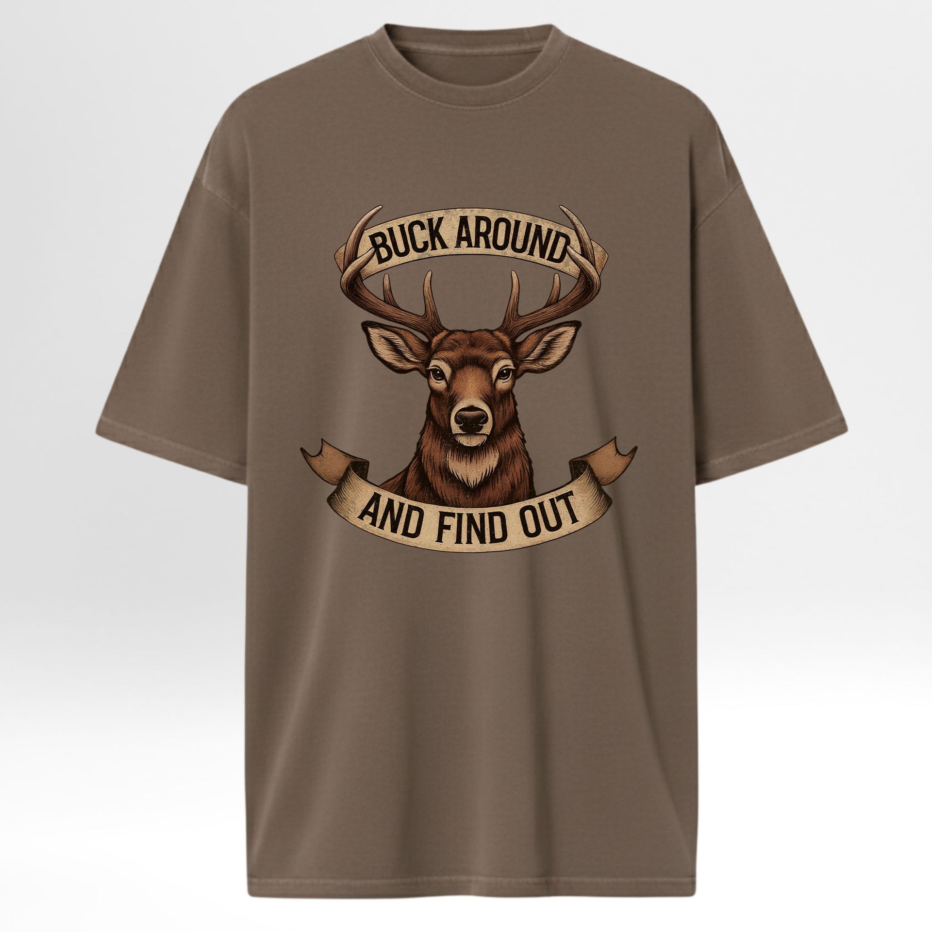 Brown hunting graphic t-shirt with a deer graphic and text on a white background