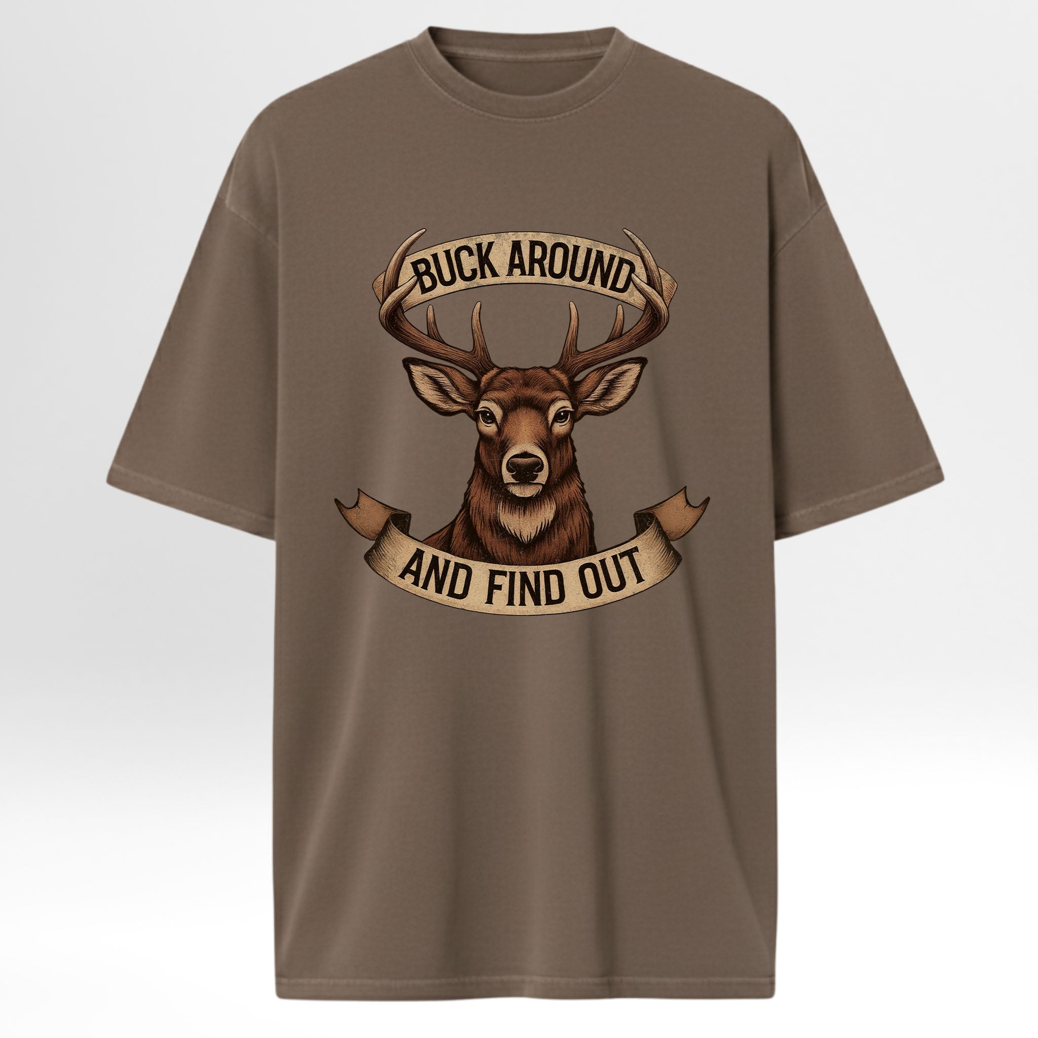 Brown hunting graphic t-shirt with a deer graphic and text on a white background