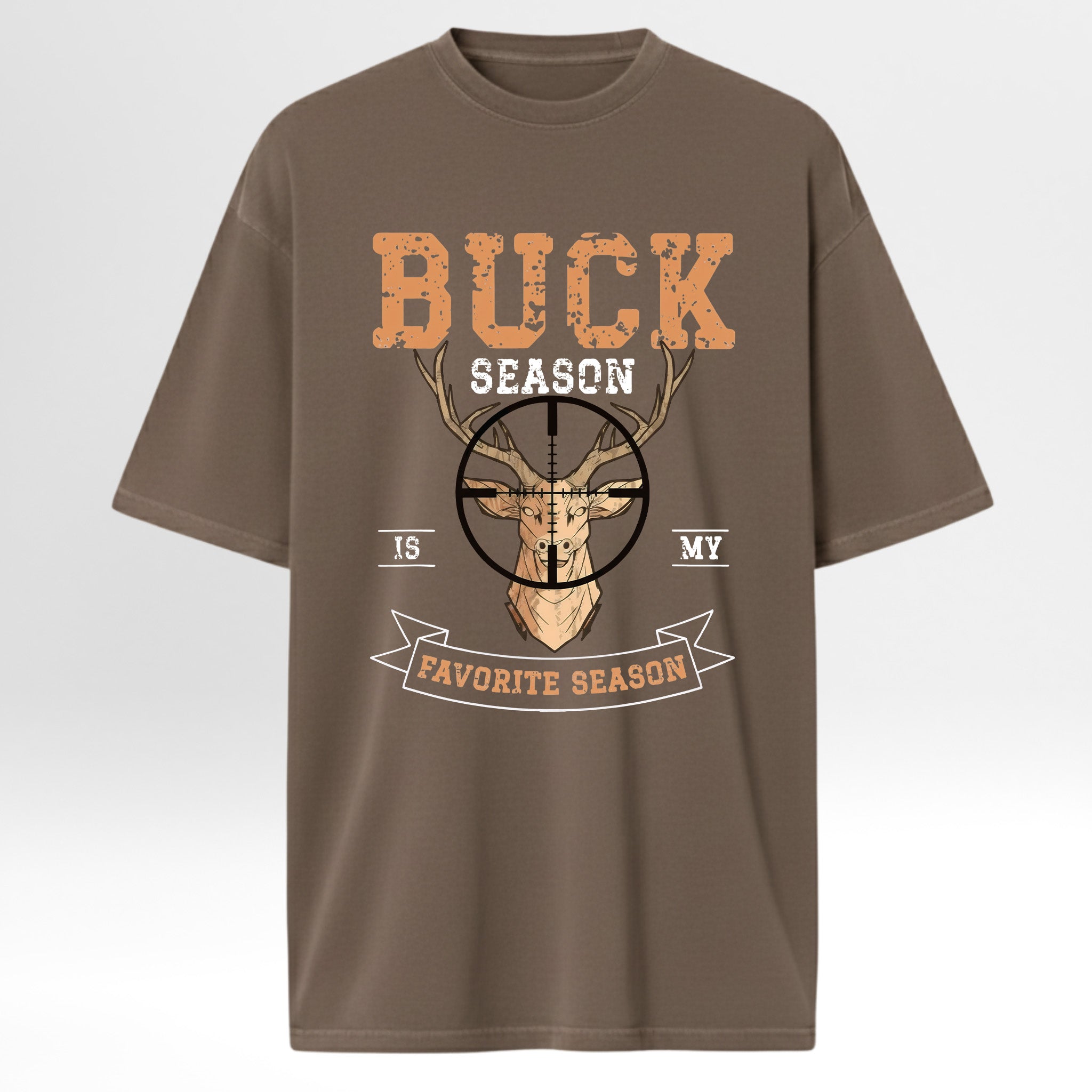 Brown hunting graphic t-shirt with 'Buck Season is My Favorite Season' graphic design on a white background