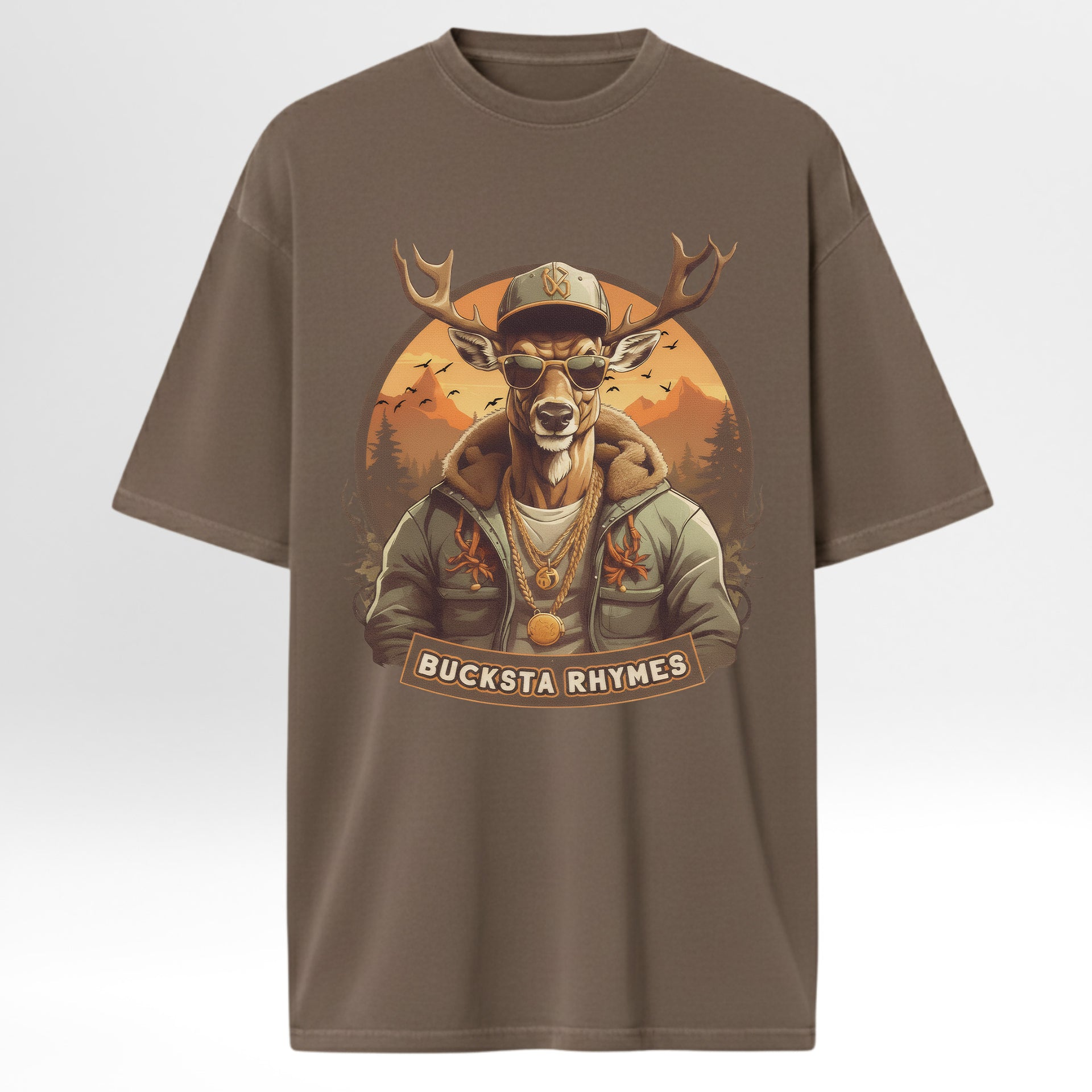 Brown hunting graphic t-shirt with a graphic of a deer wearing sunglasses and a cap, with 'Bucksta Rhymes' text on a light gray background.