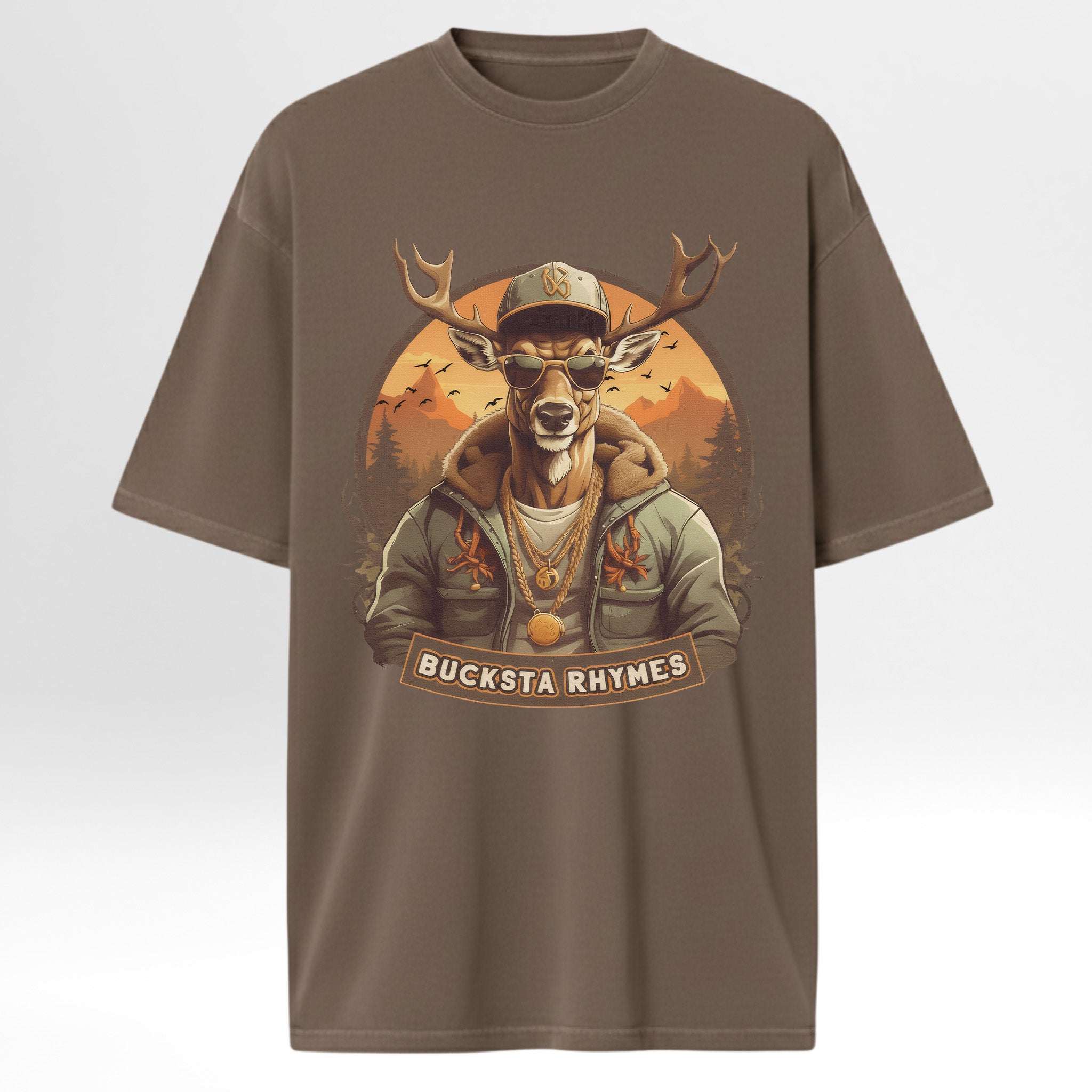 Brown hunting graphic t-shirt with a graphic of a deer wearing sunglasses and a cap, with 'Bucksta Rhymes' text on a light gray background.