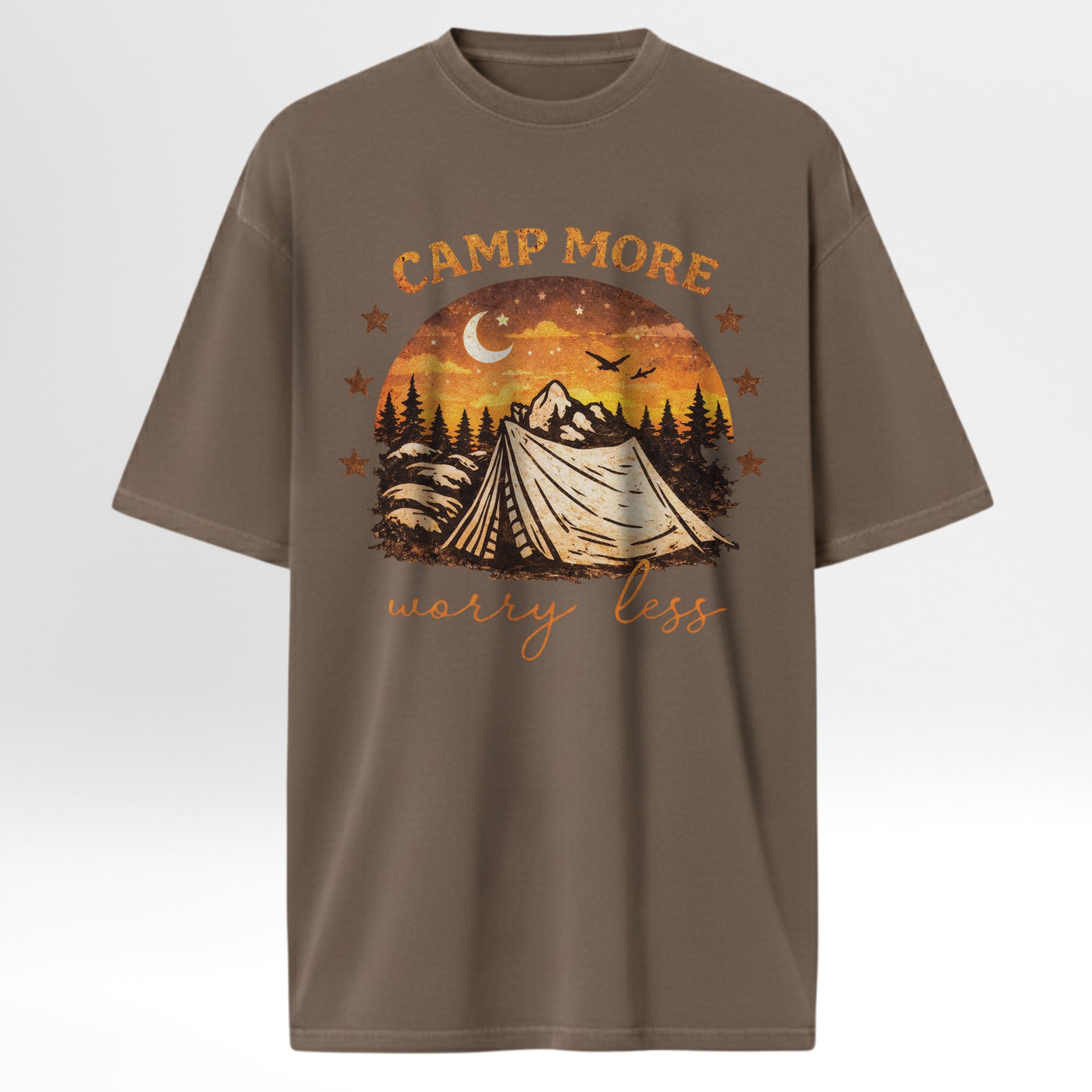 Brown camping t-shirt with camping graphic and text 'Camp More, Worry Less' on a white background