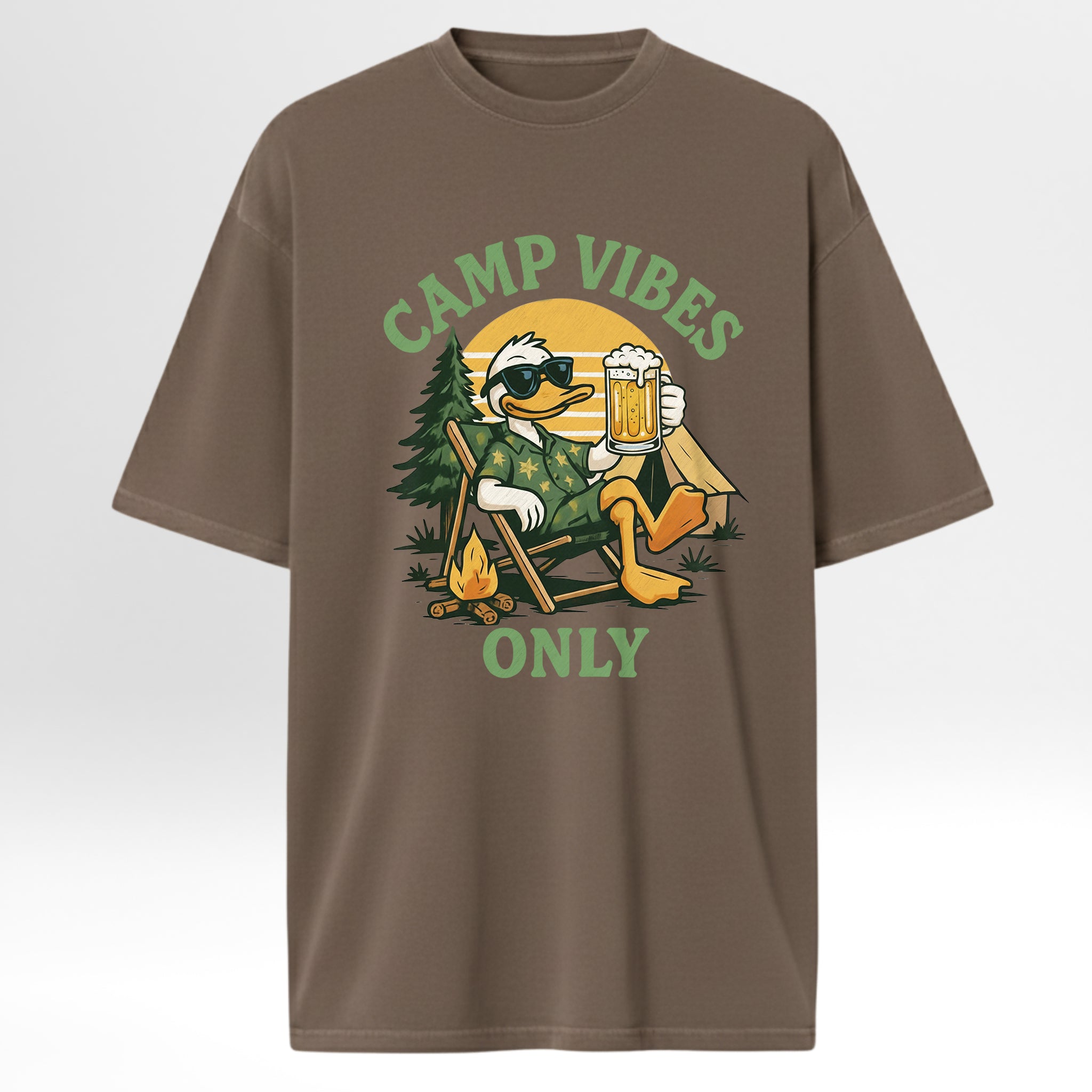 Brown camping graphic t-shirt with a cartoon duck holding a beer and 'Camp Vibes Only' text on a white background