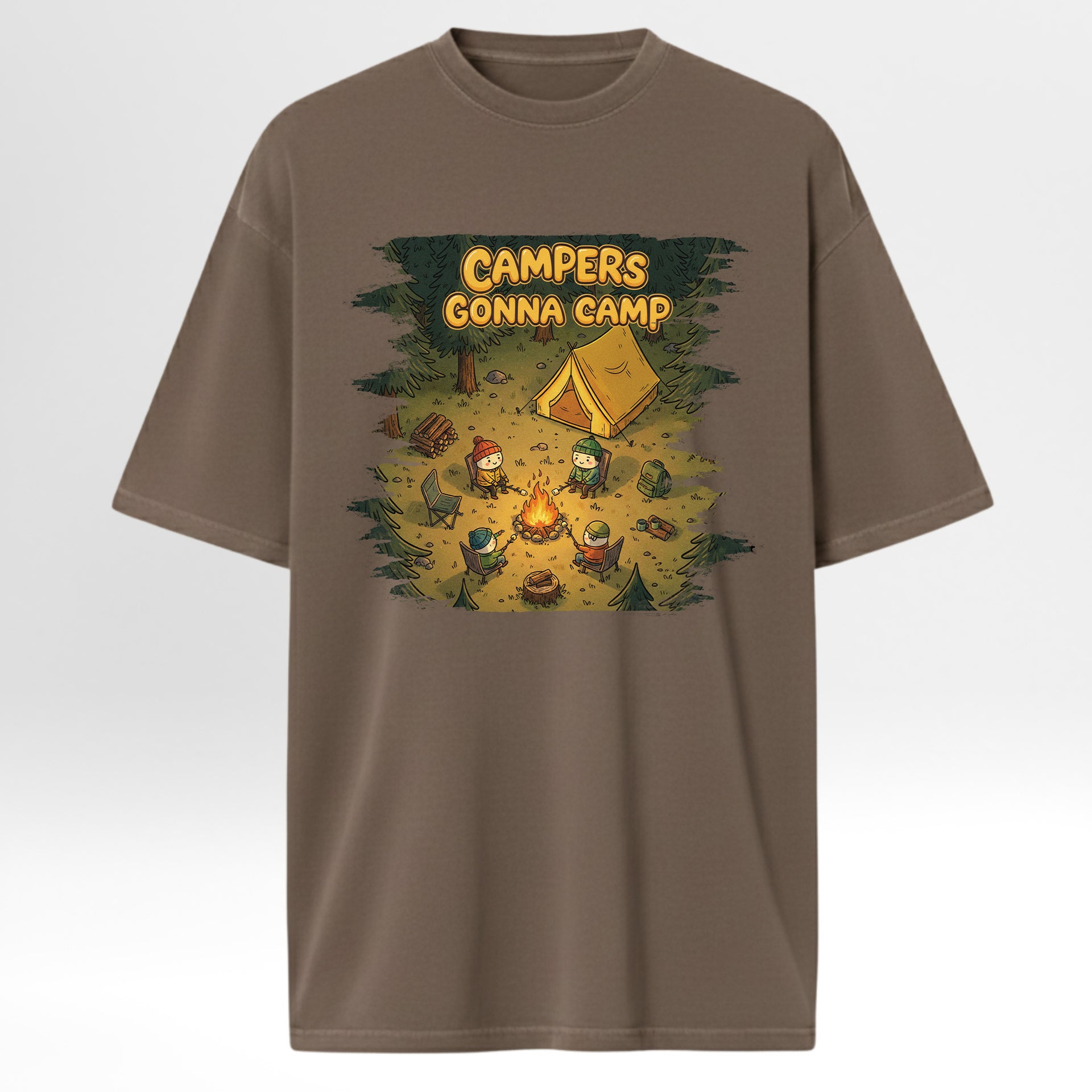 Brown camping graphic t-shirt with a camping graphic and 'Campers Gonna Camp' text on a white background