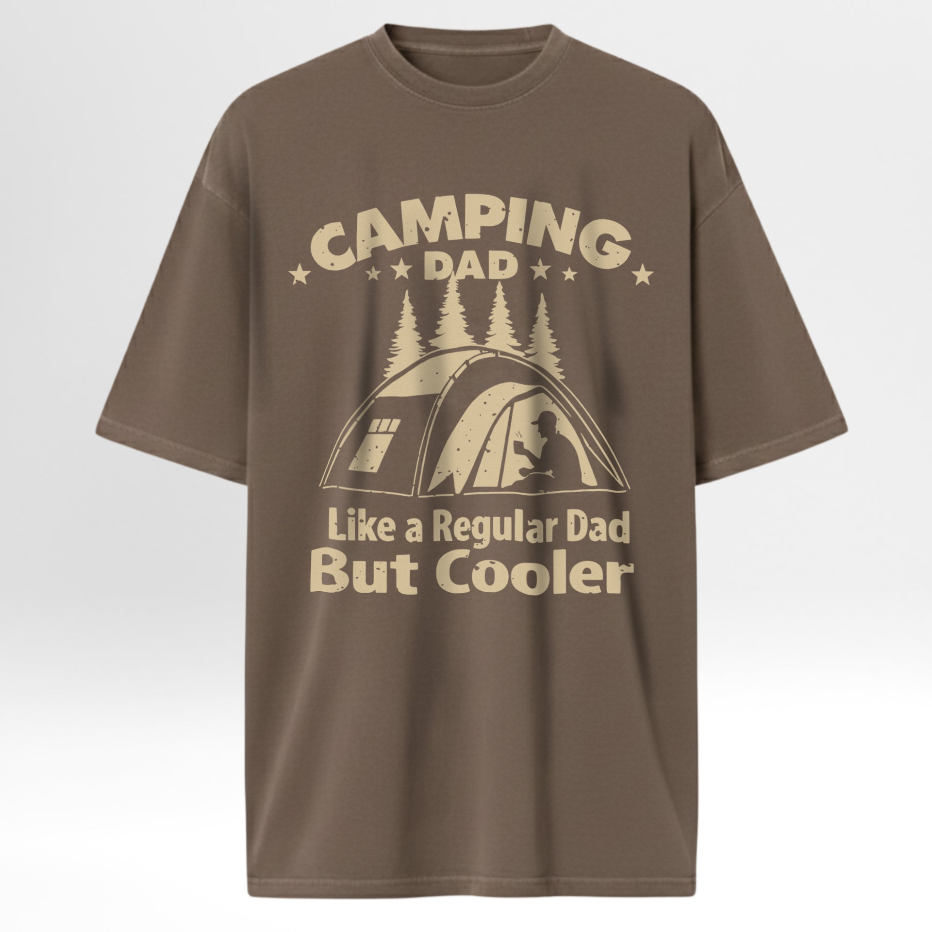 Brown camping t-shirt with 'Camping Dad Like A Regular Dad But Cooler' graphic and text.