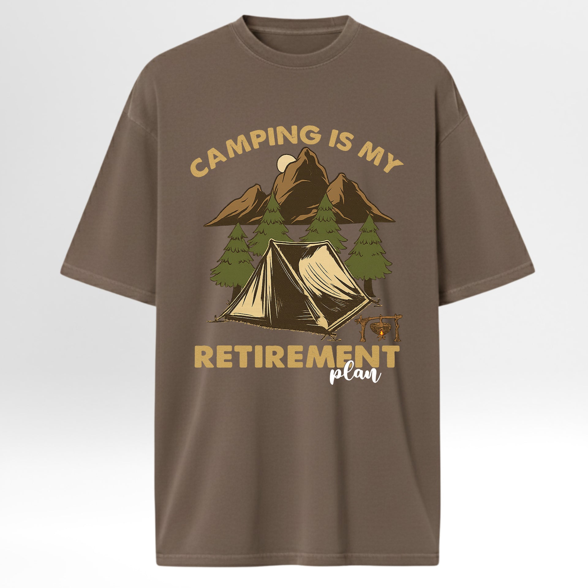 Brown camping graphic t-shirt with camping graphic and text on a white background