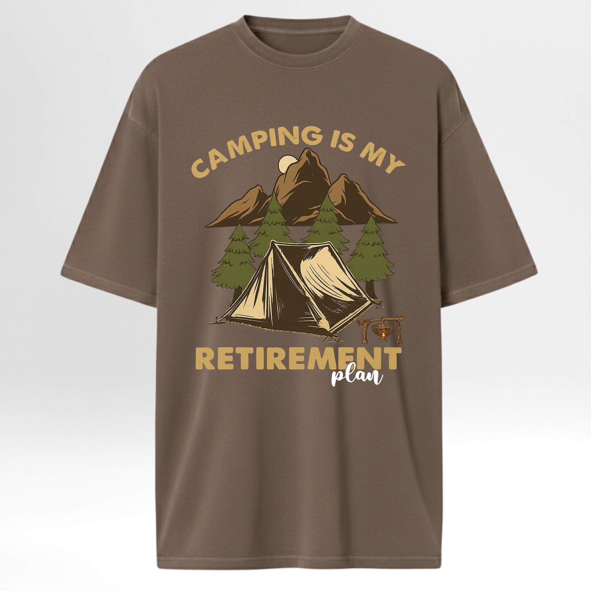 Brown camping graphic t-shirt with camping graphic and text on a white background