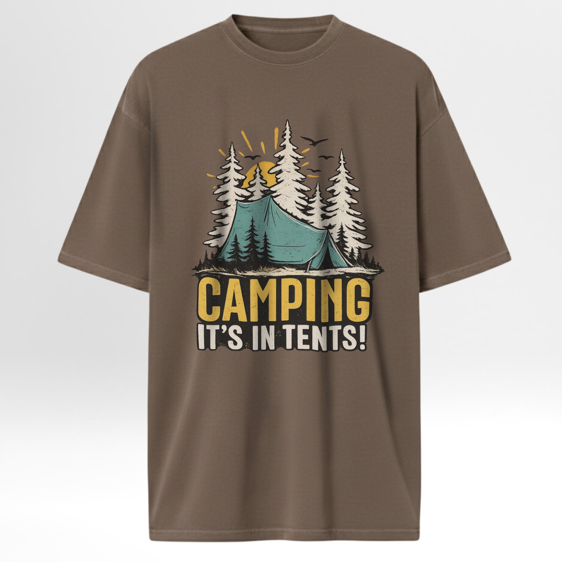 Brown t-shirt with a camping graphic and text on a brown background