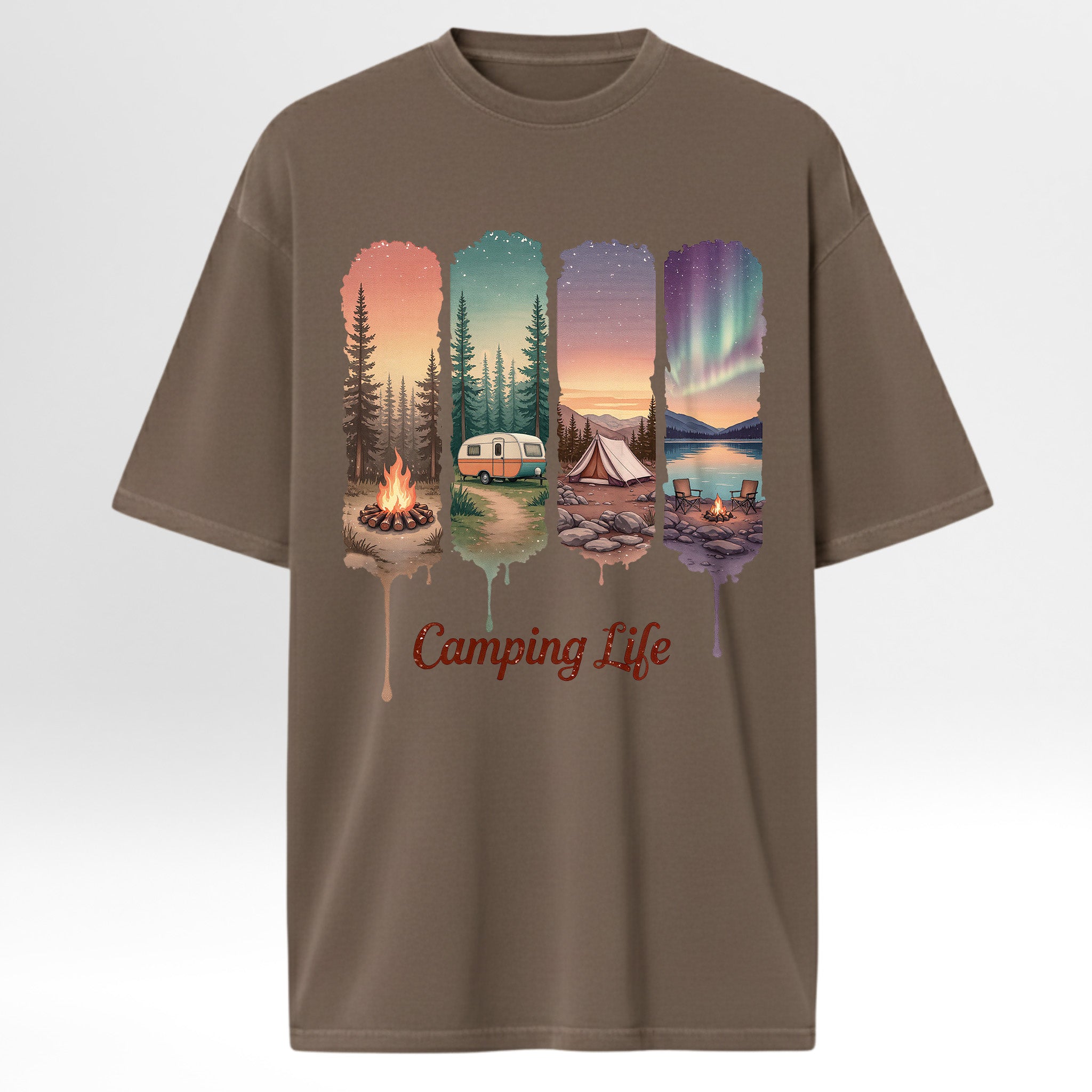 Brown camping graphic t-shirt with camping-themed graphic and 'Camping Life' text on a light gray background