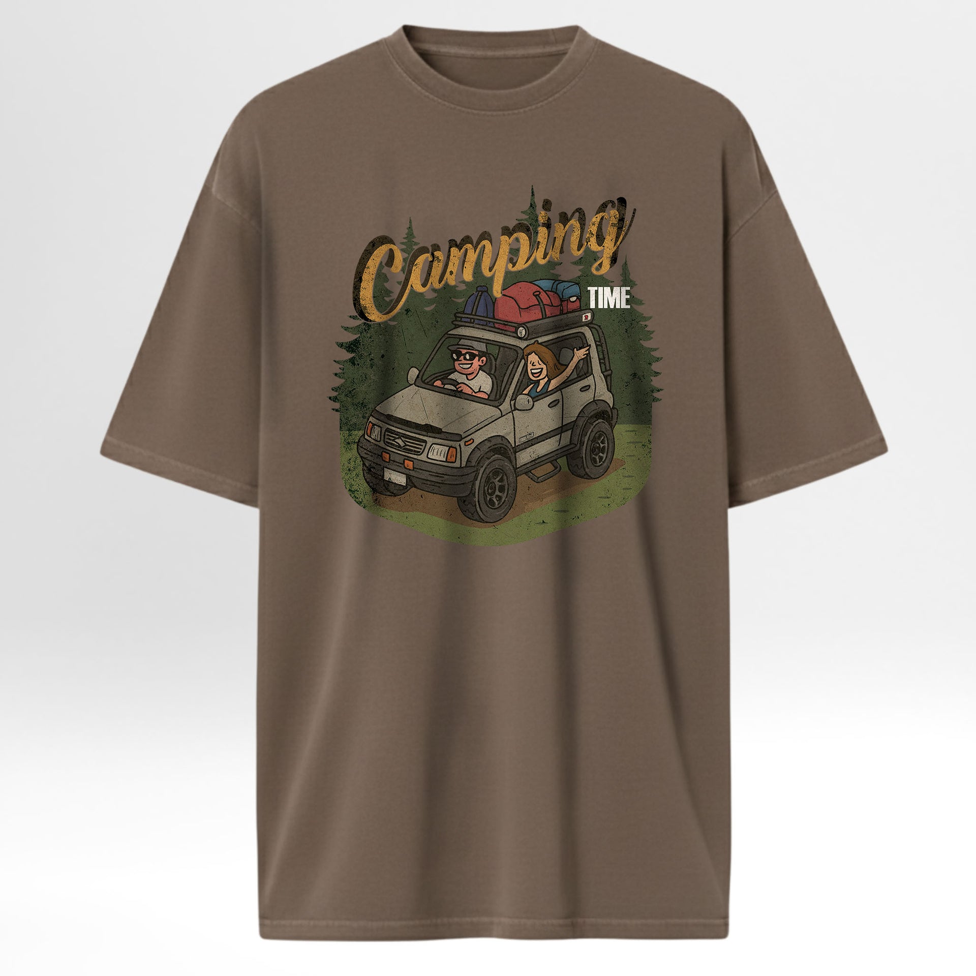 Brown camping t-shirt with a graphic of a car and 'Camping Time' text.