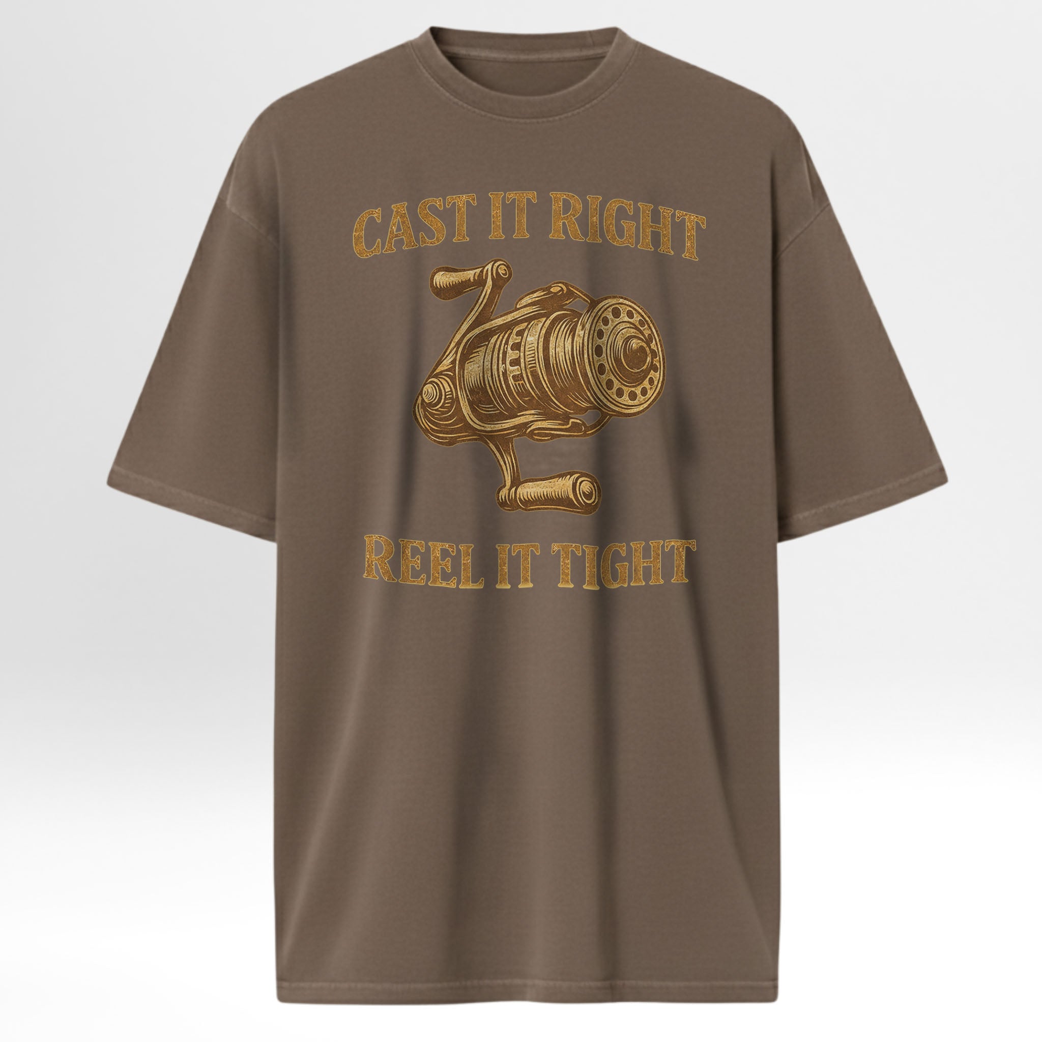 Brown fishing t-shirt with gold fishing reel graphic and text on a white background