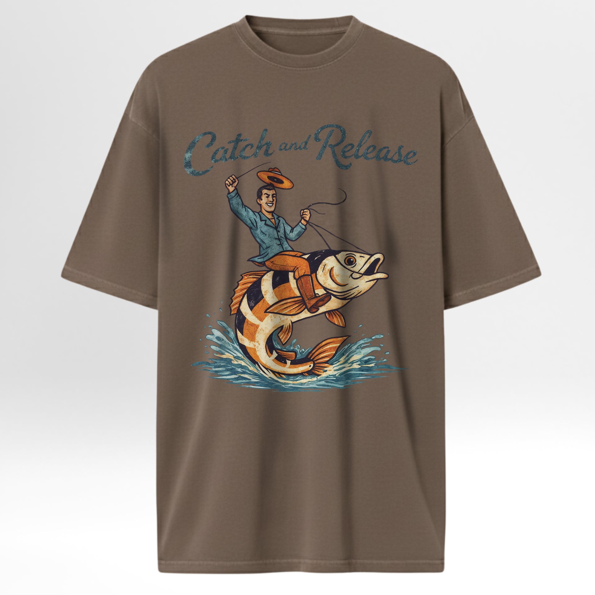 Brown fishing t-shirt with camping graphic and text 'Catch And Release'.
