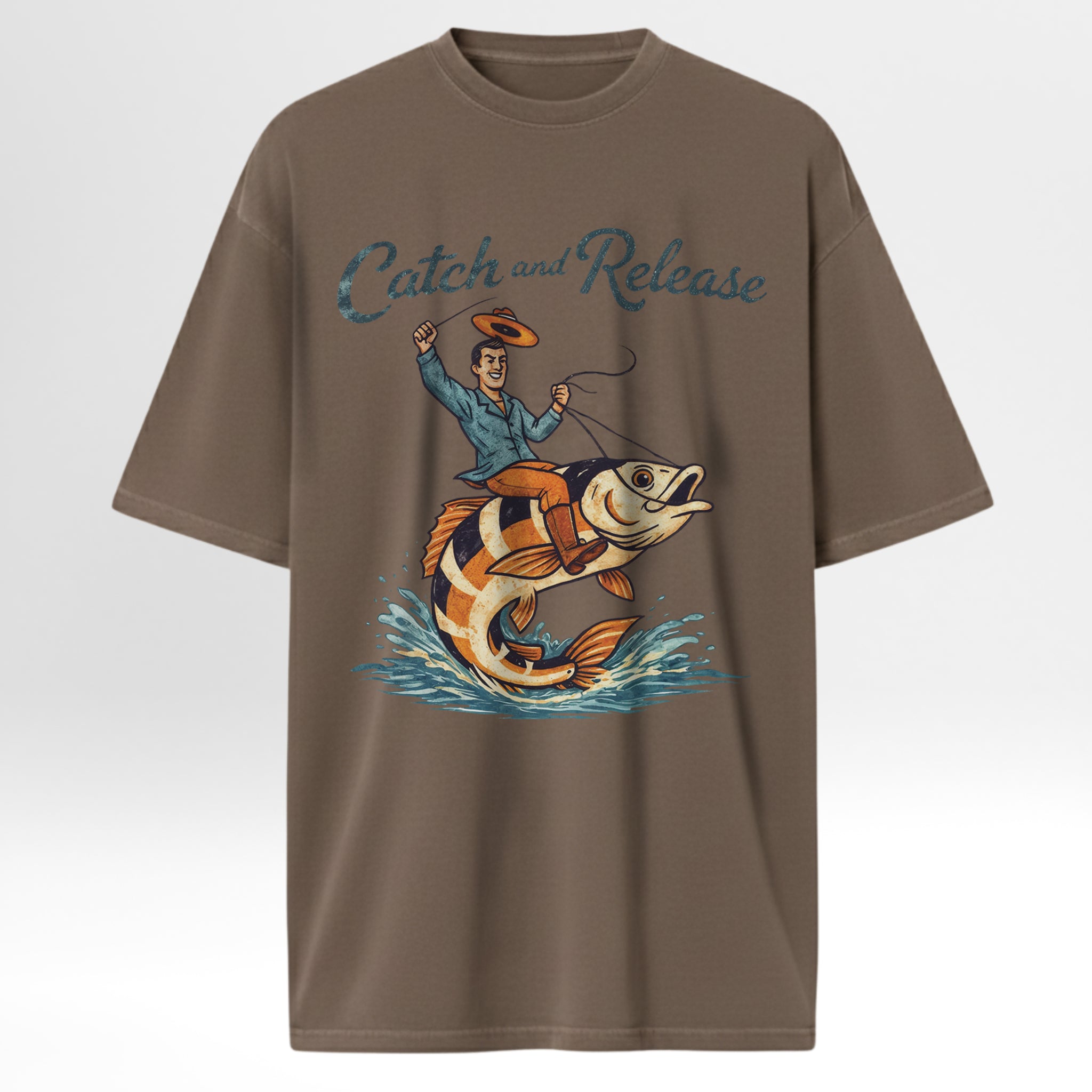 Brown fishing t-shirt with camping graphic and text 'Catch And Release'.