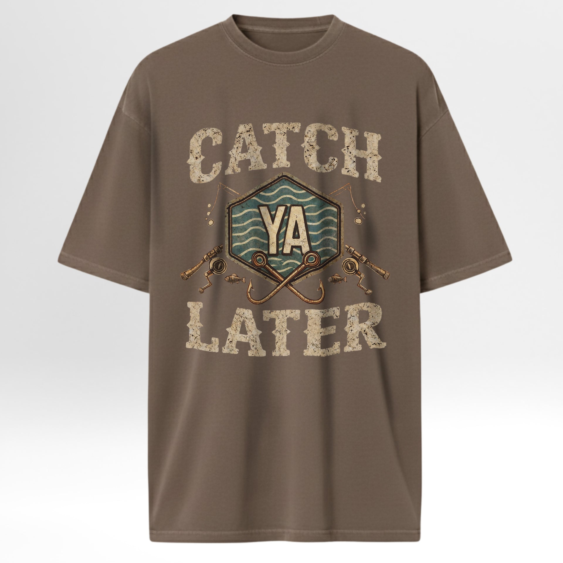 Brown fishing t-shirt with 'Catch Ya Later' graphic design on a white background