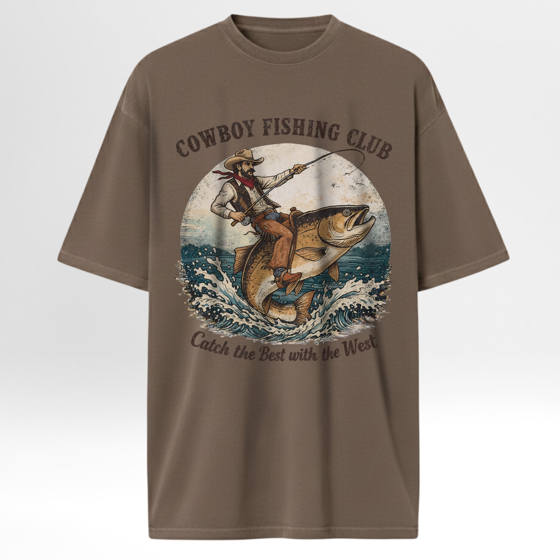 Brown fishing t-shirt with a graphic of a cowboy and fish, labeled 'Cowboy Fishing Club'.