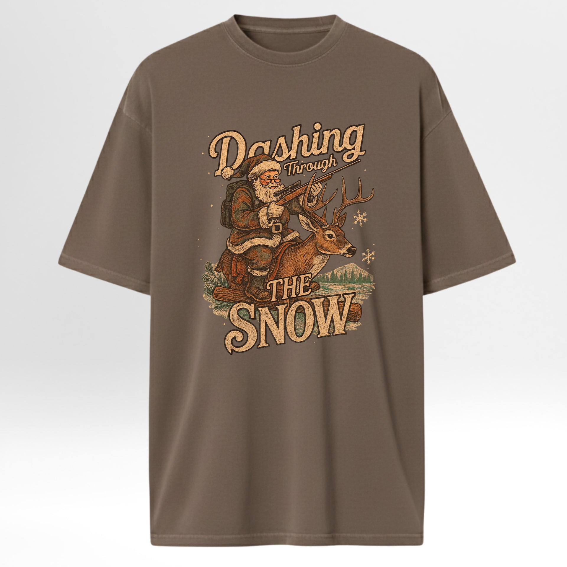Brown hunting graphic t-shirt with Santa Claus graphic and text 'Dashing Through The Snow' on a white background